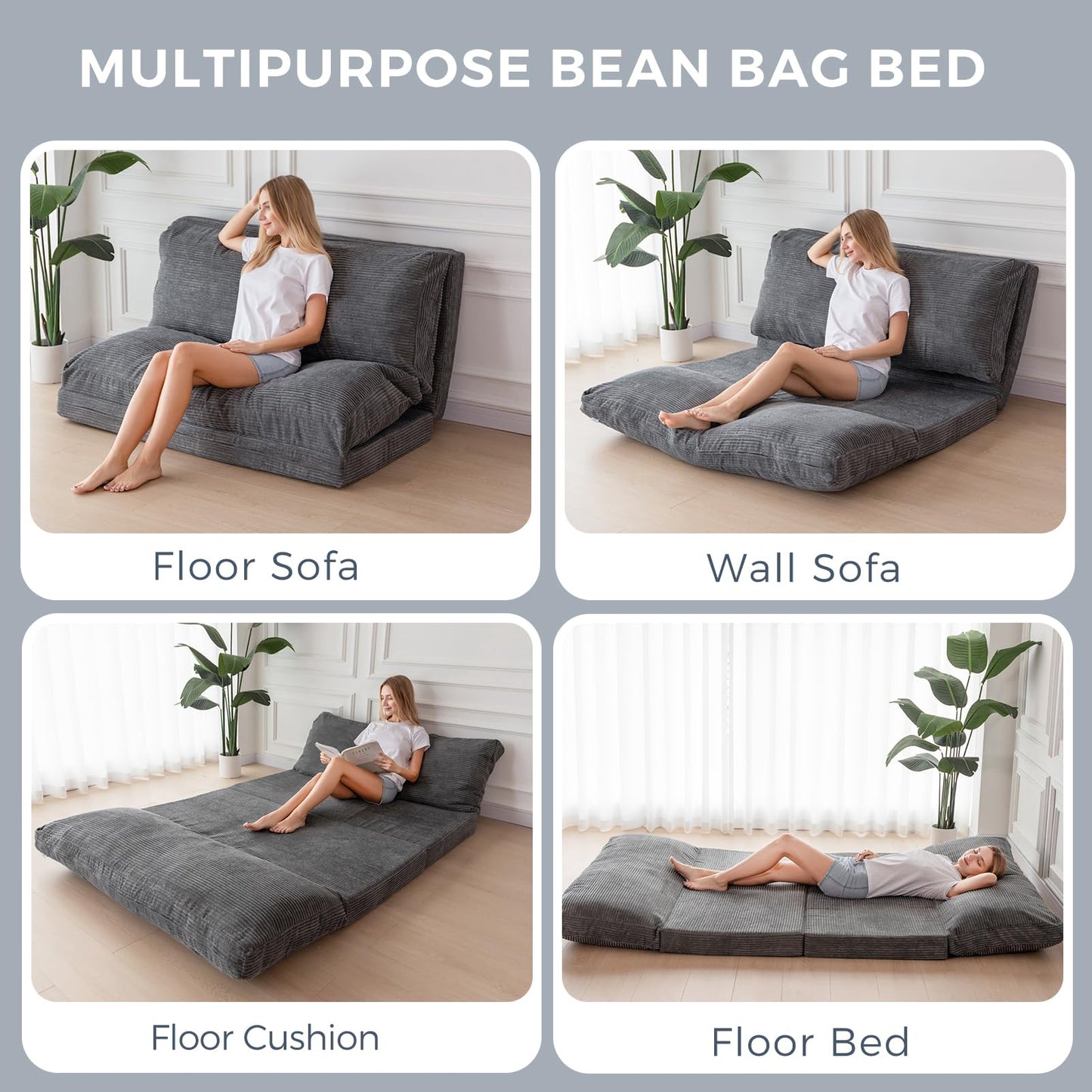 MAXYOYO Folding Sofa Bed, Extra Thick and Long Floor Sofa Convertible Chair with Washable Cover, Floor Couch Lounge Bean Bag Bed for Living Room, Dark Grey, 30x91 Inch
