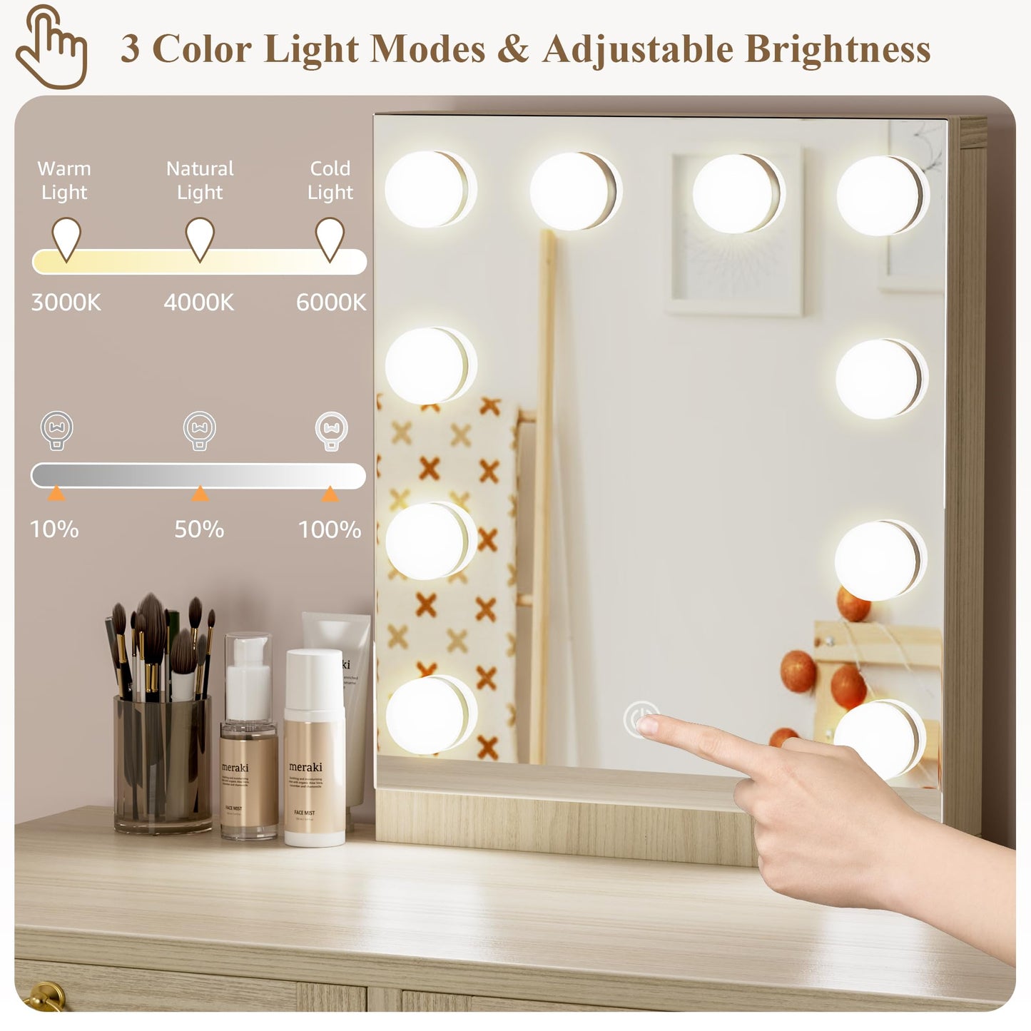 BOLUO Makeup Vanity Desk with Hollywood Mirror and Lights, Boho Girls Vanity Set with Stool, Make Up Dressing Table with Drawers and Outlet for Bedroom