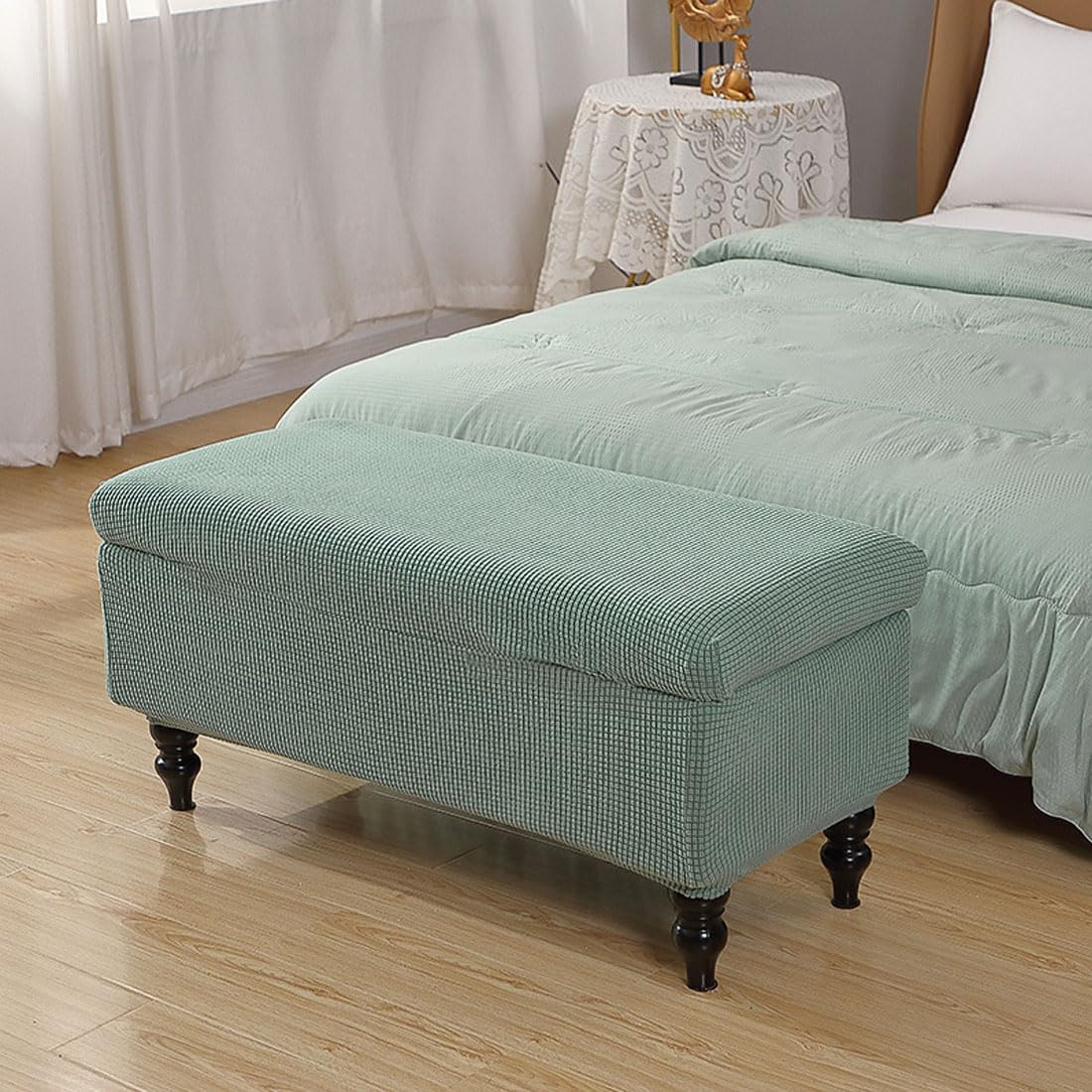 Lussenwert Ottoman Cover Rectangle, Stretch Jacquard Storage Bench Cover Removable Folding With Elastic Bands Ties Large Sage