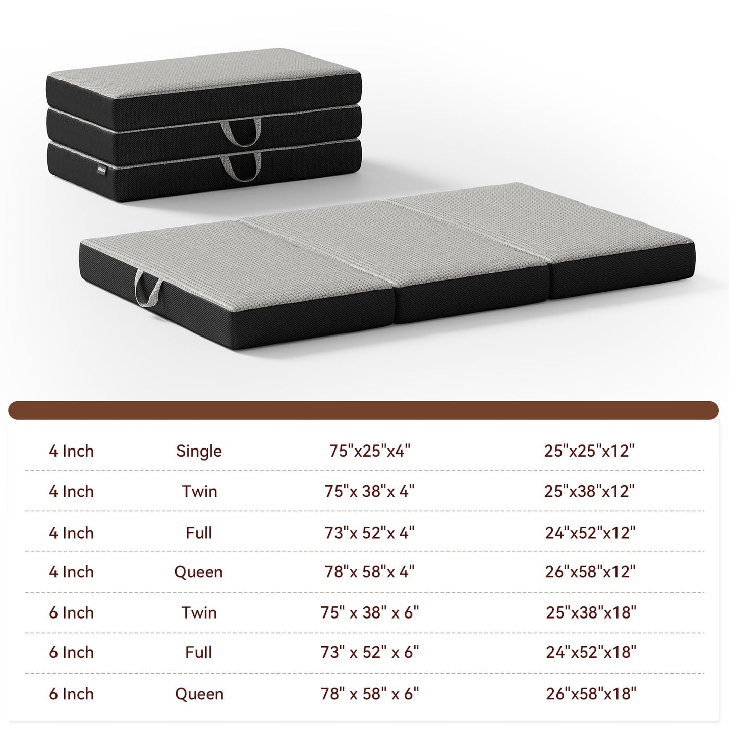 ROXGOX Memory Foam Trifold Mattress, 6 Inch Full Foldable Mattress, Portable Floor Bed with Washable Cover, Handle & Non-Slip Bottom, for RV, Travel, Camping, Yoga, 73"x52"x6", Grey