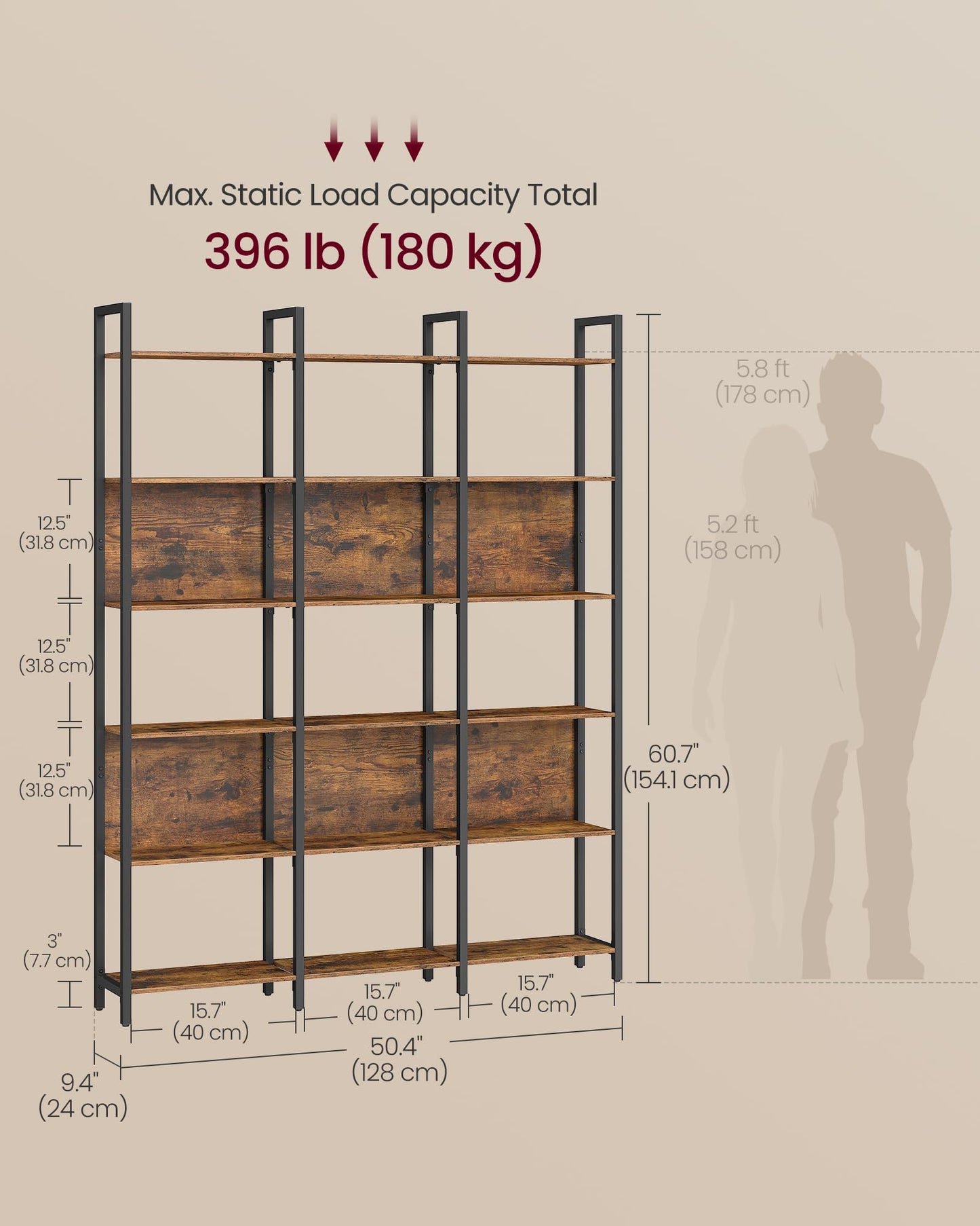 VASAGLE 6-Tier Bookshelf, Book Shelf, Industrial Bookcase, with Steel Frame, for Living Room, Home Office, Bedroom, 9.4 x 50.4 x 73.7 Inches, Rustic Brown and Ink Black ULLS151K01