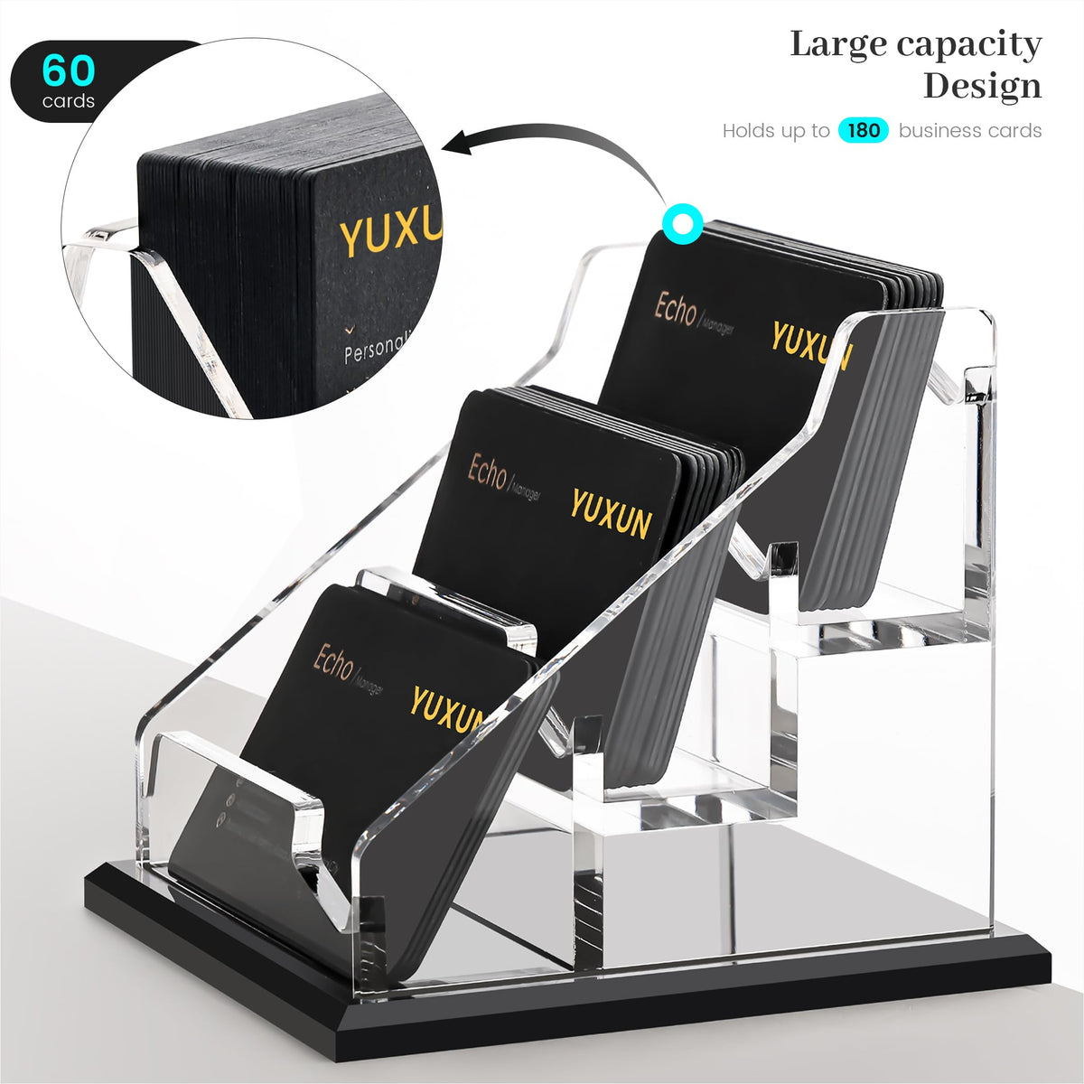 YUXUN Black Business Card Holder for Desk-3 Tier 3 Slot, Acrylic Business Card Holder for Women Men, 100+ Business Cards Display Stand, Multiple Business Card Display for Exhibition, Home, Office