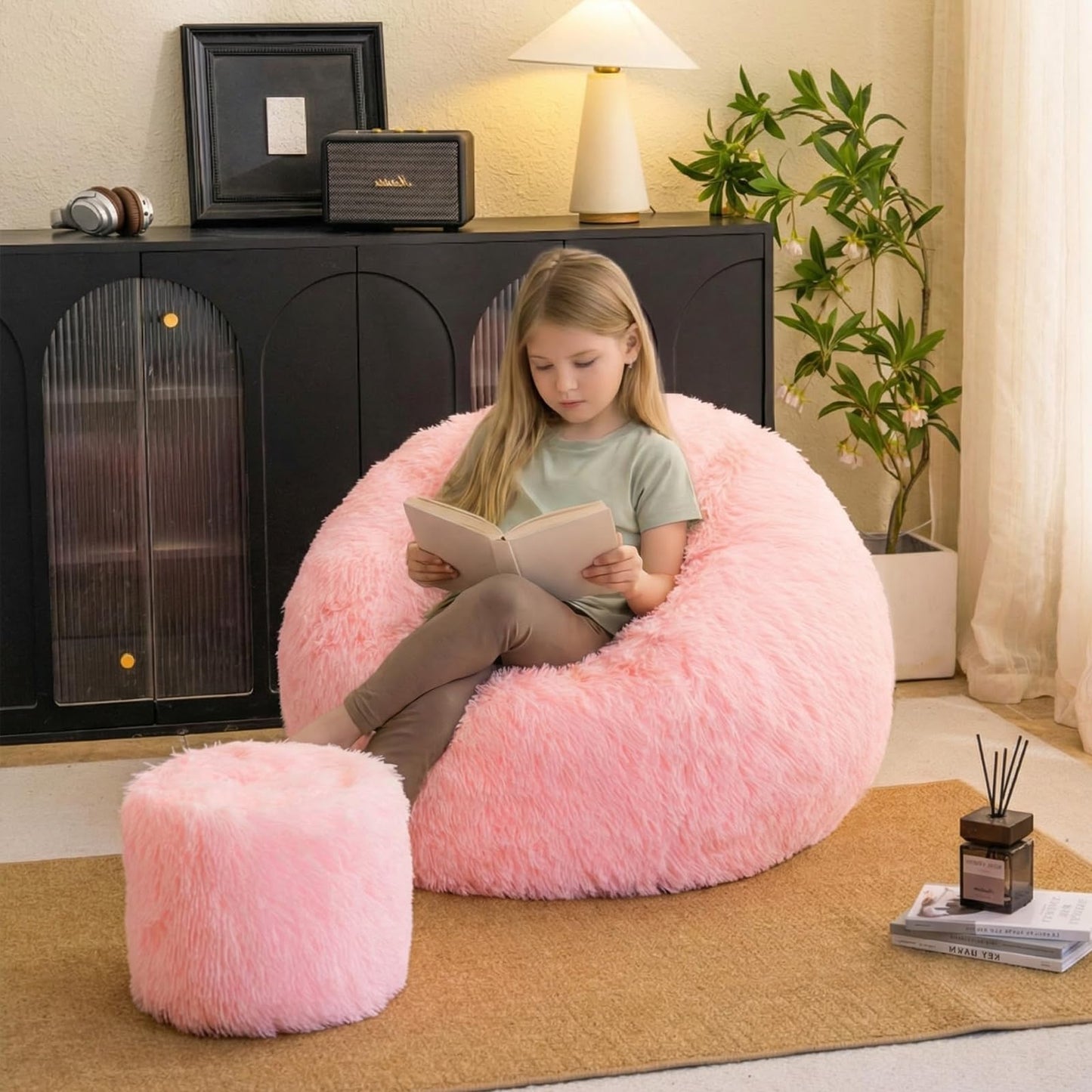 Pink fluffy bean bag chair covers (No Filler), comfy Plush Pink bean bag chair Cover for bedroom, stuffed animal Storage, kids adults teens girls bean bag chairs, Anti-Slip