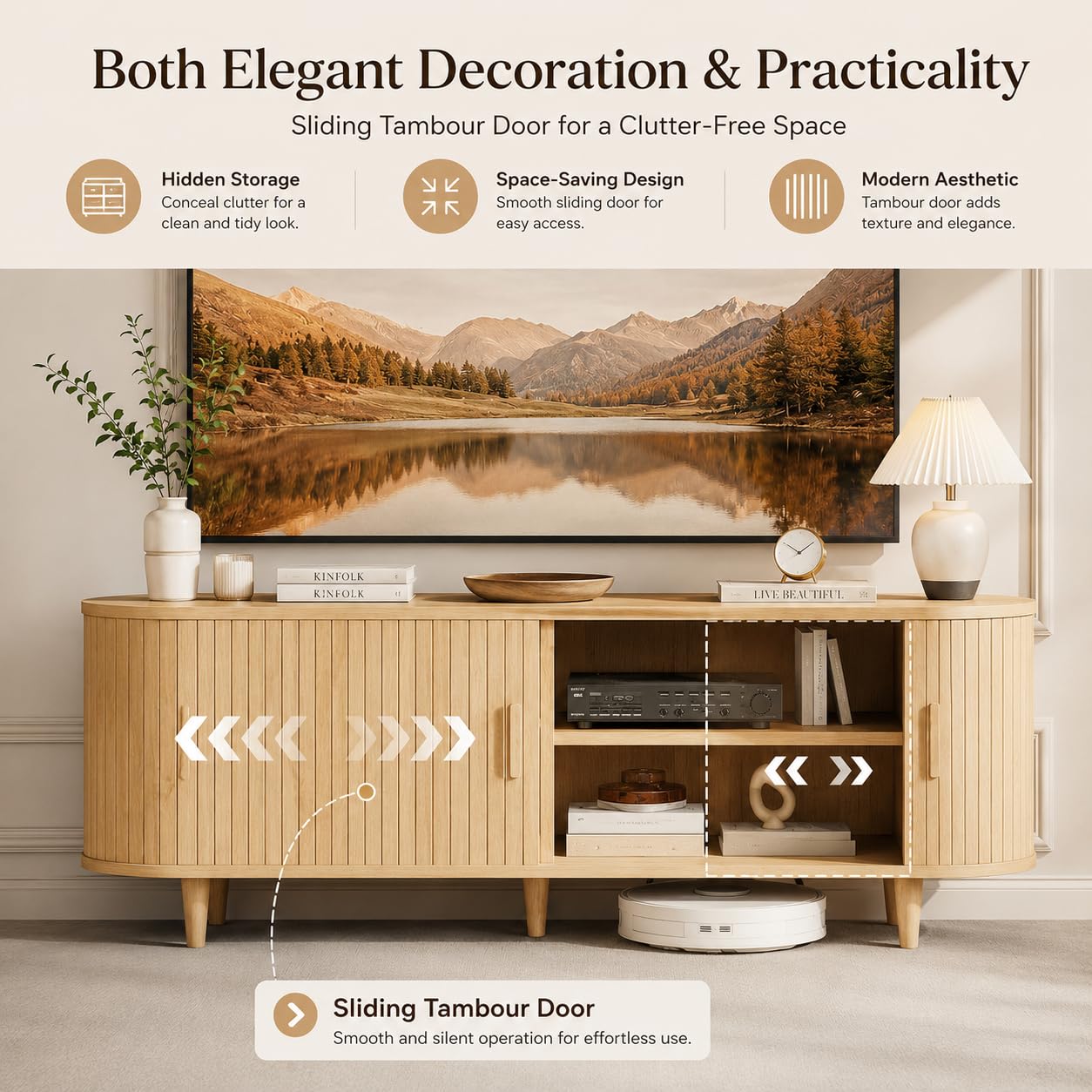 MXV 58" Mid-Century Modern TV Stand with Sliding Doors, TV Consoles with Power Outlet, Fluted Entertainment Center with Adjustable Shelves for Living Room