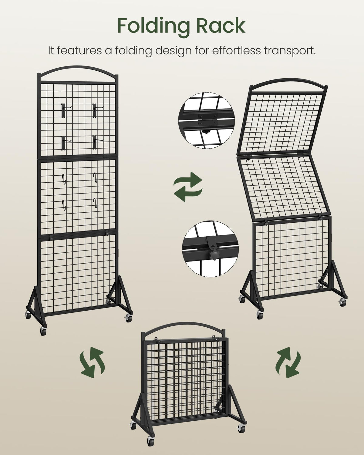 CHOEZON Foldable Grid Wall Panel 1.9' x 5.6' FT, Movable Gridwall Display Rack, Wire Grid Rack on Wheels, Retail Display Stand, with 4 S-Shaped Hooks and 4 Garment Hooks, Black TCJ37BB