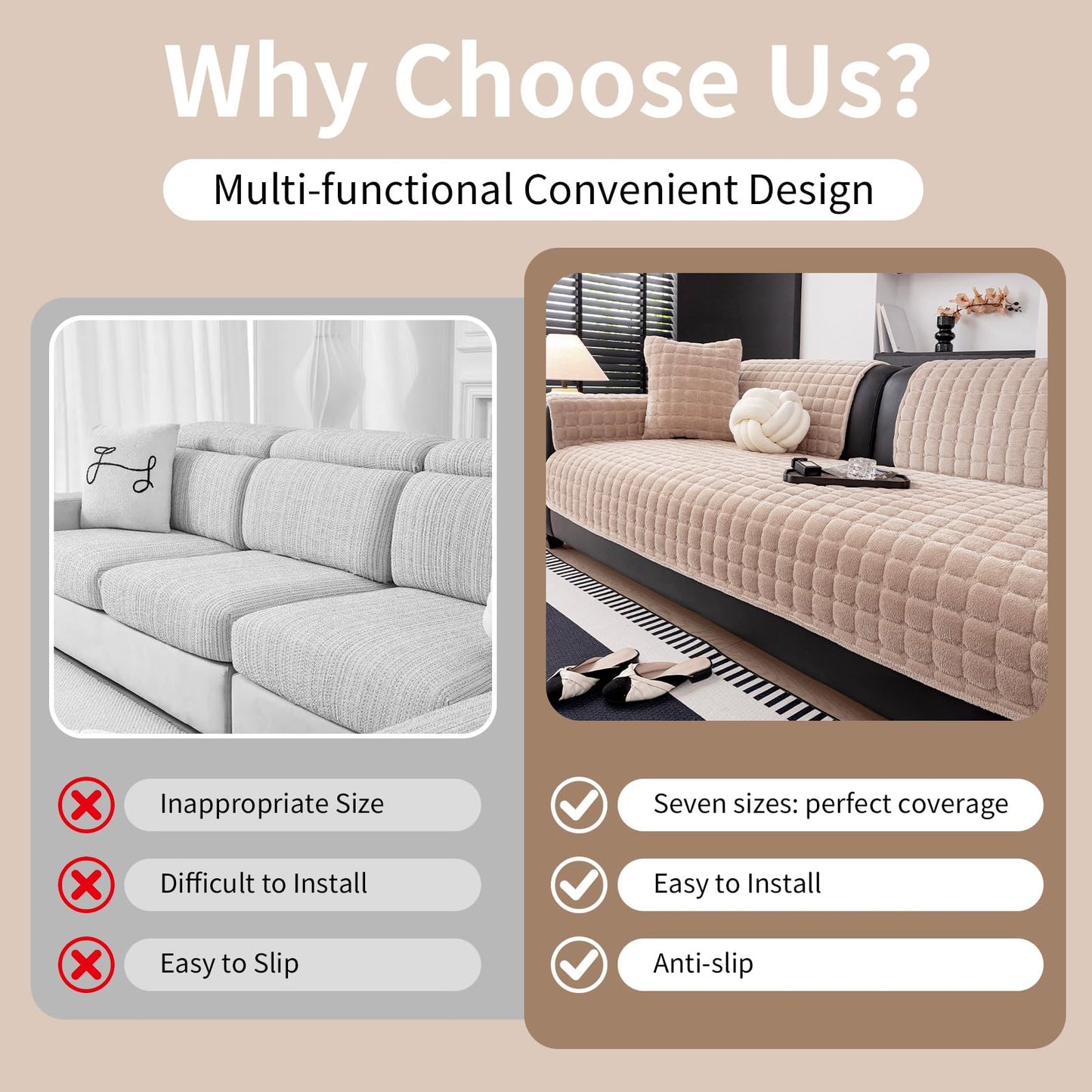 MDSASFD Velvet Couch Cover, Washable Sectional Sofa Cover, Anti Slip Sofa Slipcover for 3 Cushion Couch Sofa L Shaped Armrest Backrest, Furniture Protector Covers for Pets Kids(Khaki, Only 1 PCS)