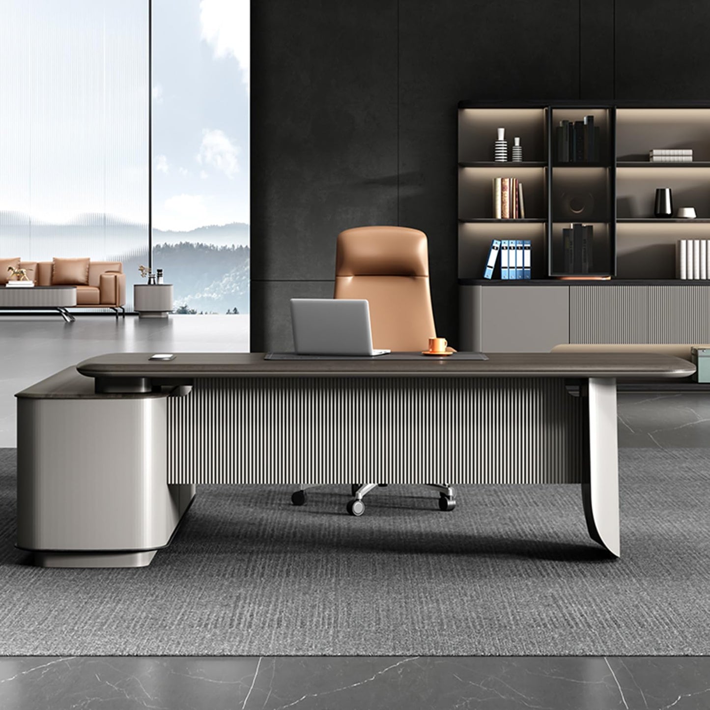 LSIGHTUS Wood Minimalist Style Computer Desk, L-Shaped Executive Office Desk with File Drawers, Writing Study Table Business Furniture Set for CEO Boss