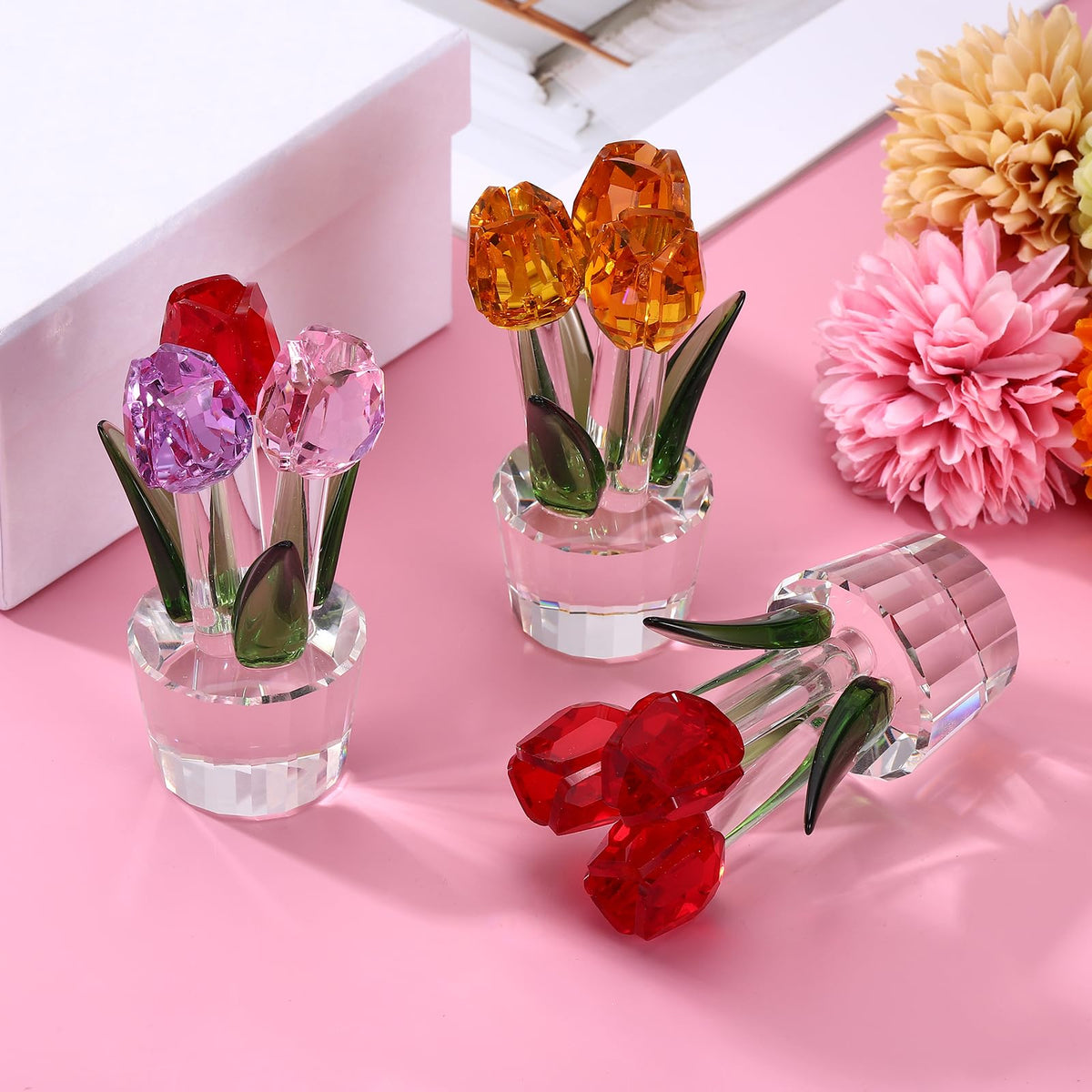 uxcell Crystal Tulips Flower Figurine, Tulips Figurines Flowers Bouquet Ornaments Bouquet Decor Collectible for Birthday Anniversary Wedding Gifts Valentine's Day Gifts, Yellow