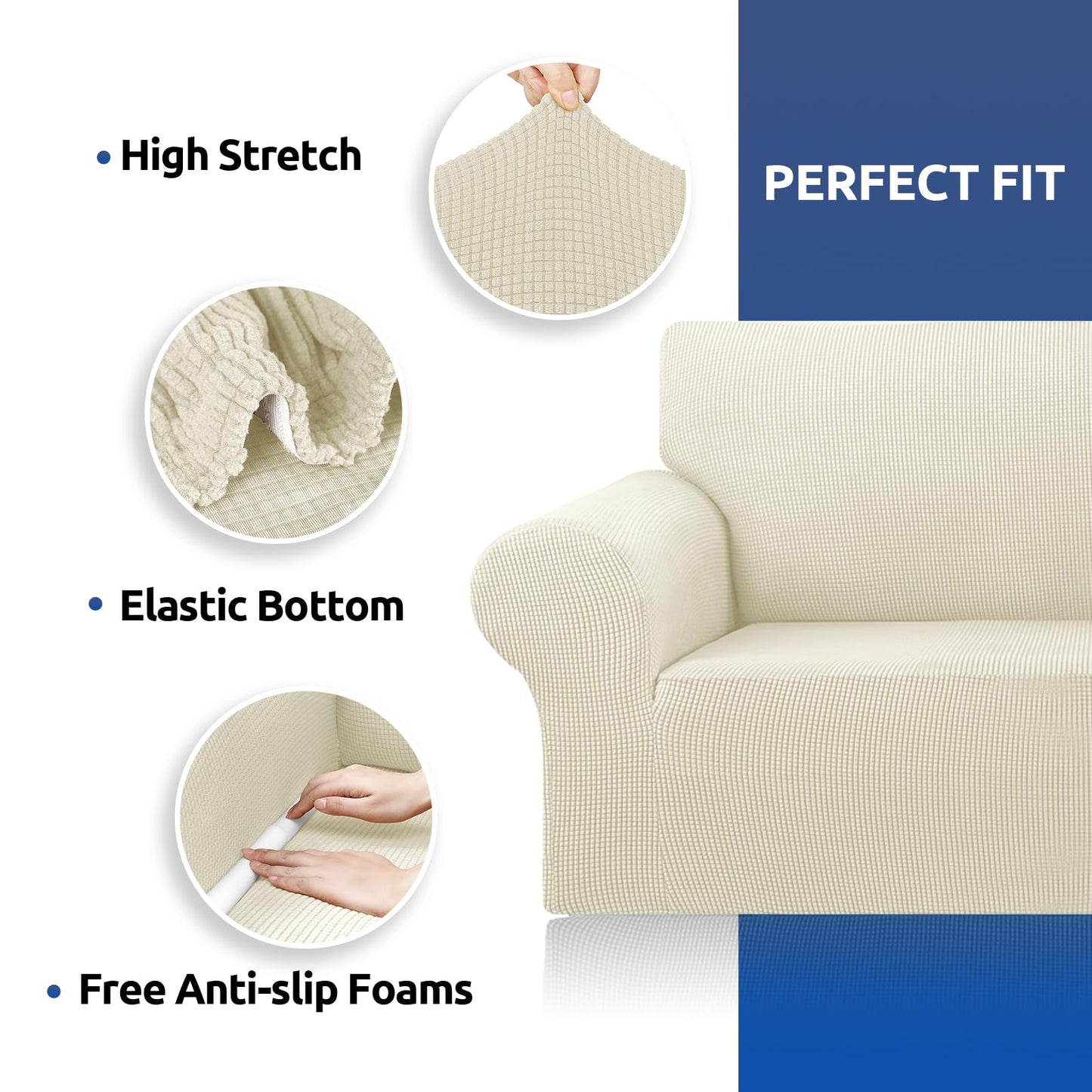 KEKUOU Stretch Loveseat Sofa Cover Slipcover,Couch Covers for 2 Cushion Couch Sofa (55"-78") Furniture Protector Sofa with Elastic Bottom for Kids,Dog. Jacquard Small Checked(Medium,Beige)