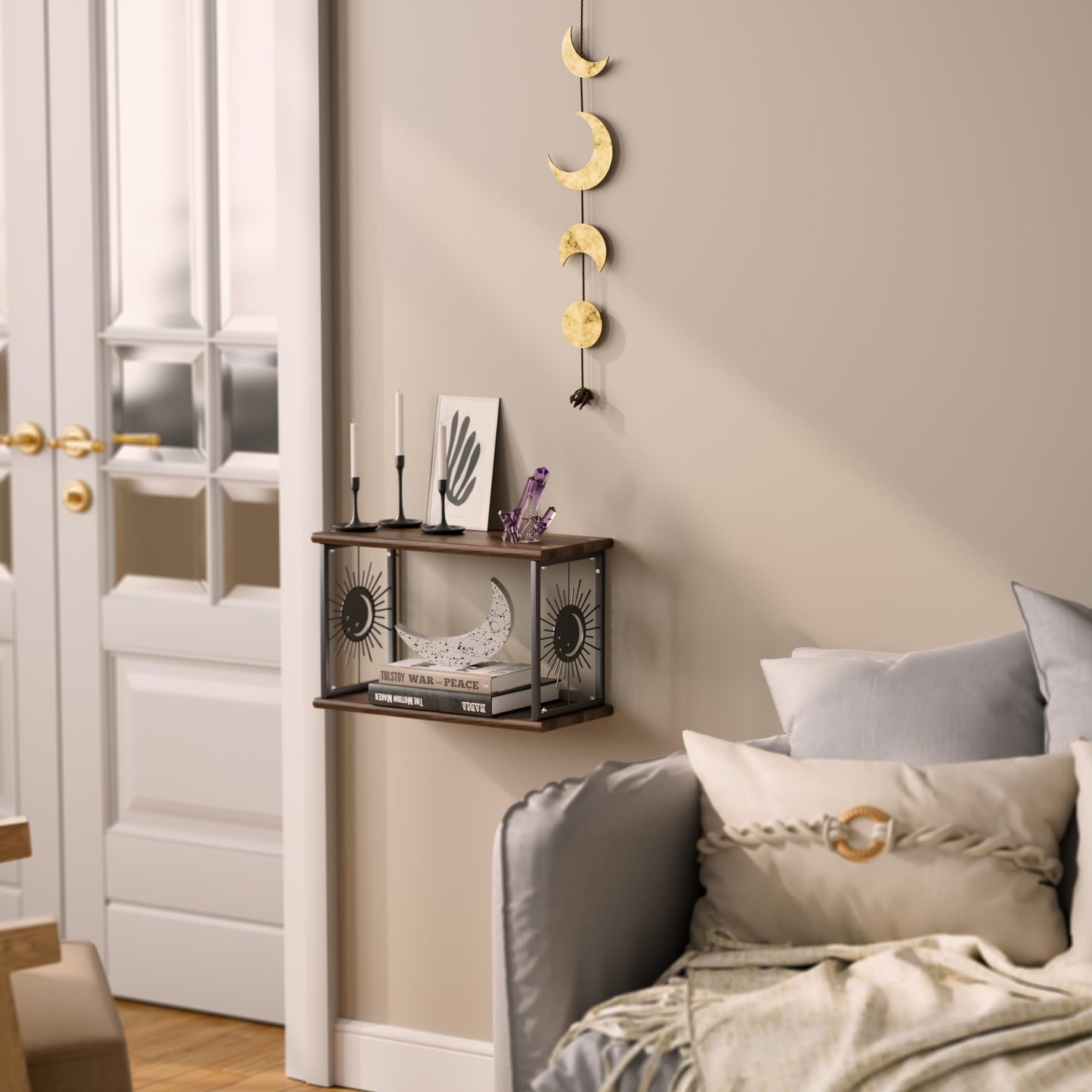 Apresolar Floating Nightstand Wall Mounted - Natural Solid Wood Night Stand, Bedside Table 2 Tier Shelf, Modern Metal Celestial Side Floating Shelves Decor for Living Room Bedroom