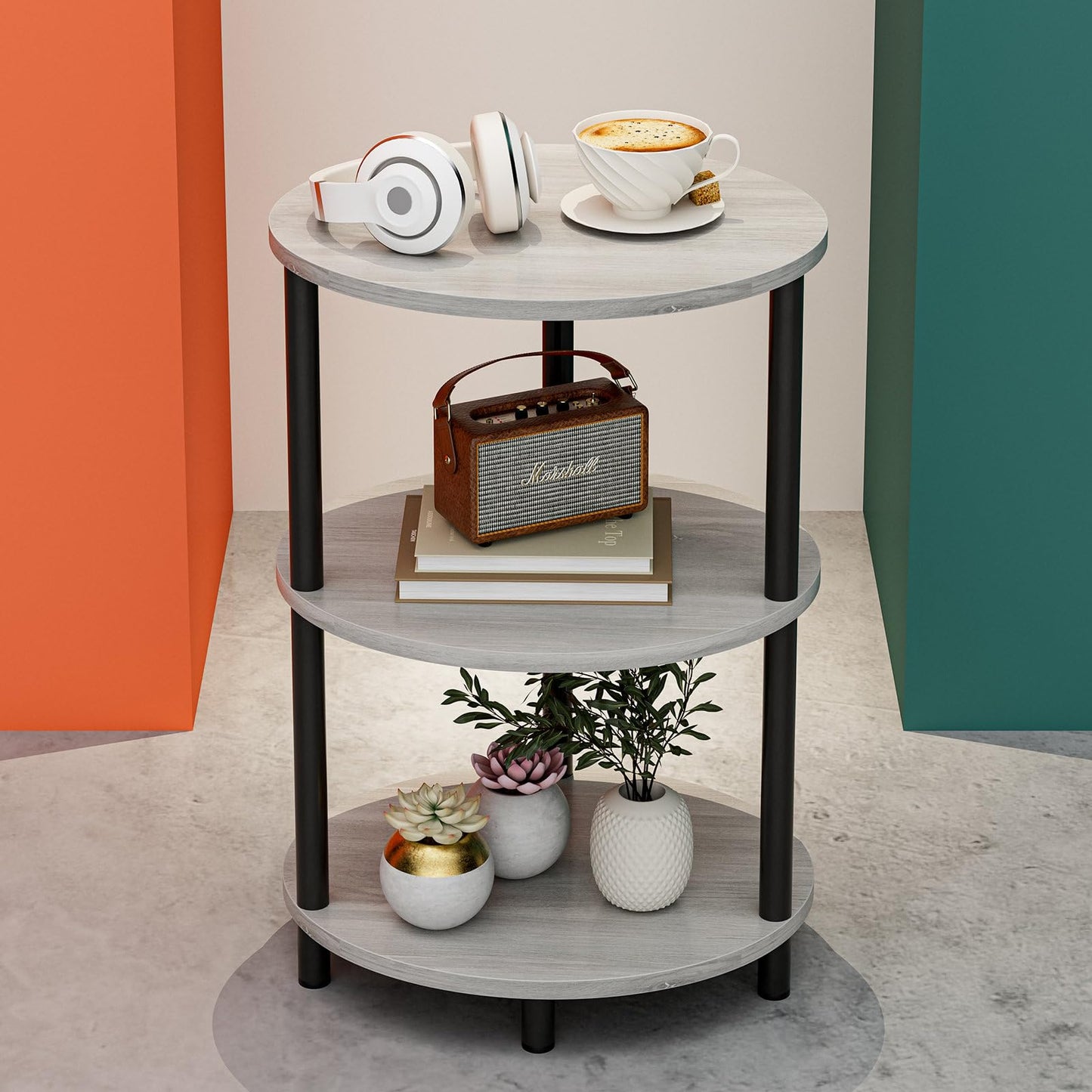RISWER Round Pedestal End Table - 3-Tier Oval Accent Table for Small Spaces, Rustic Wood and Metal Couch Side Table, Nightstand for Bedroom or End Table Living Room, Easy to Assemble, Greige