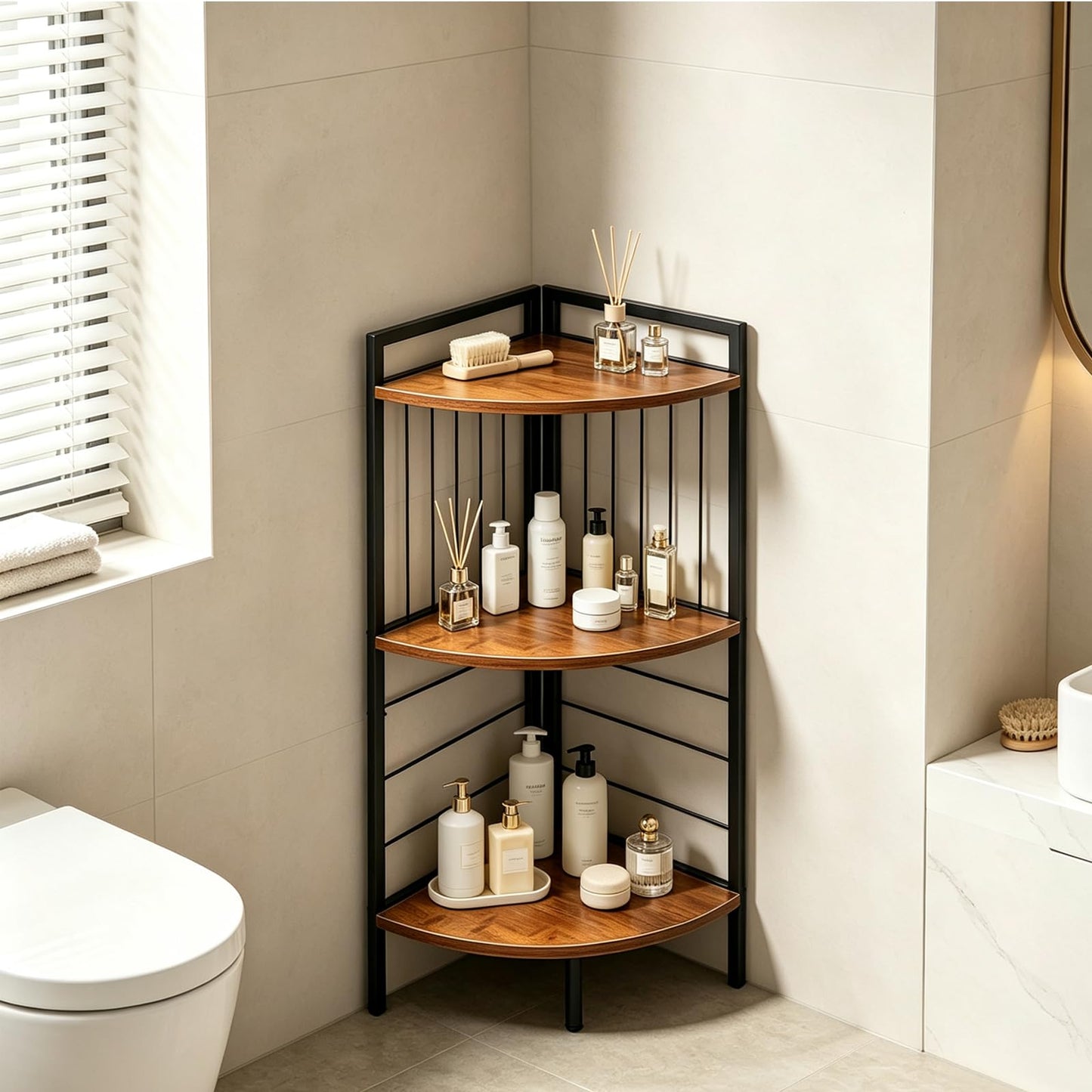 Fnaumdol Corner Shelf Stand 27.9" H, 3 Tier Corner Display Shelving Unit with Sturdy Metal Frame Multipurpose Corner Bookshelf for Small Spaces Bathroom, Kitchen, Bedroom, Living Room