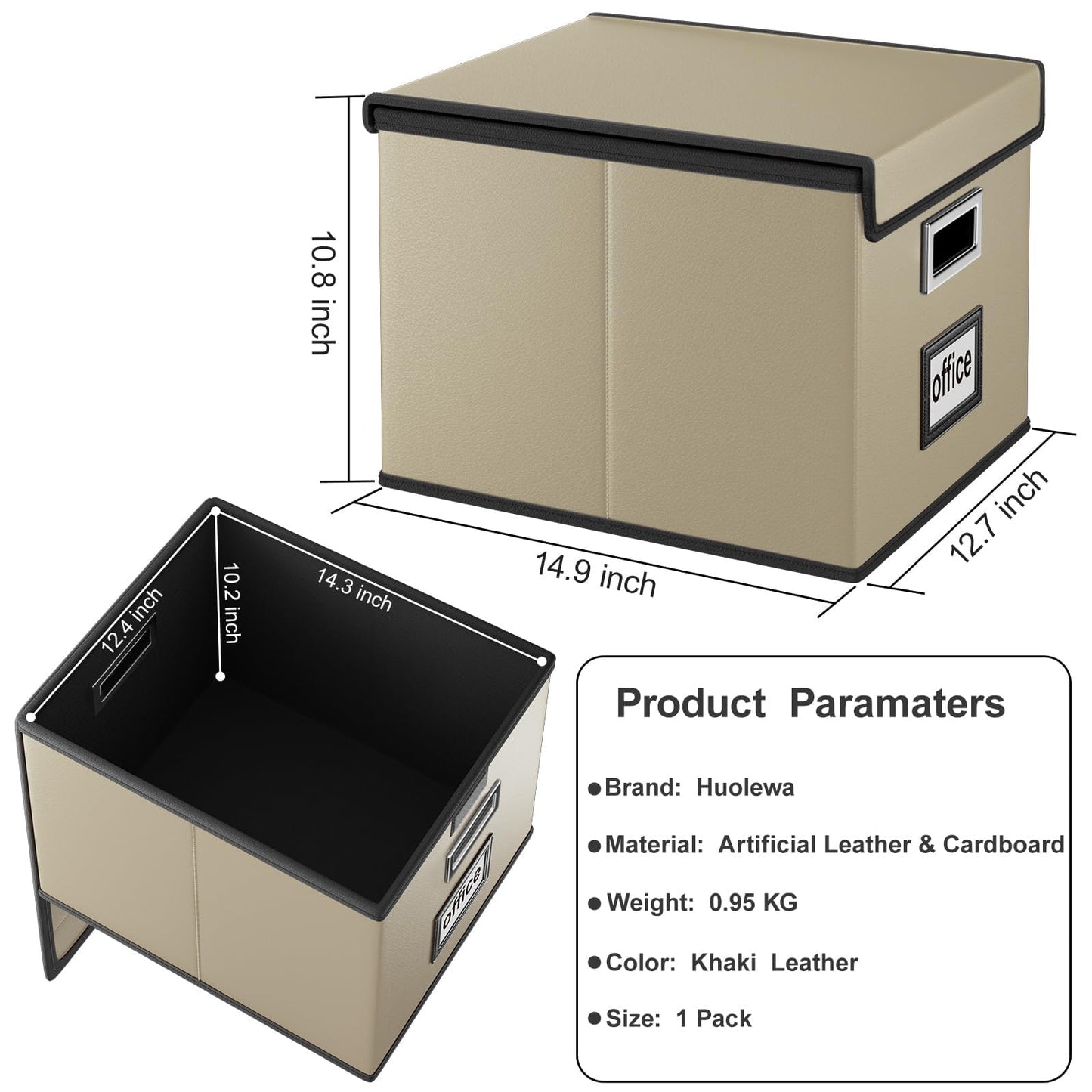 Huolewa Faux Leather File Organizer Box with Lid, Collapsible Hanging File Folder Box Organizer with Plastic Slides, Decorative Home/Office Filing System Boxes for File and Folder Storage-Khaki