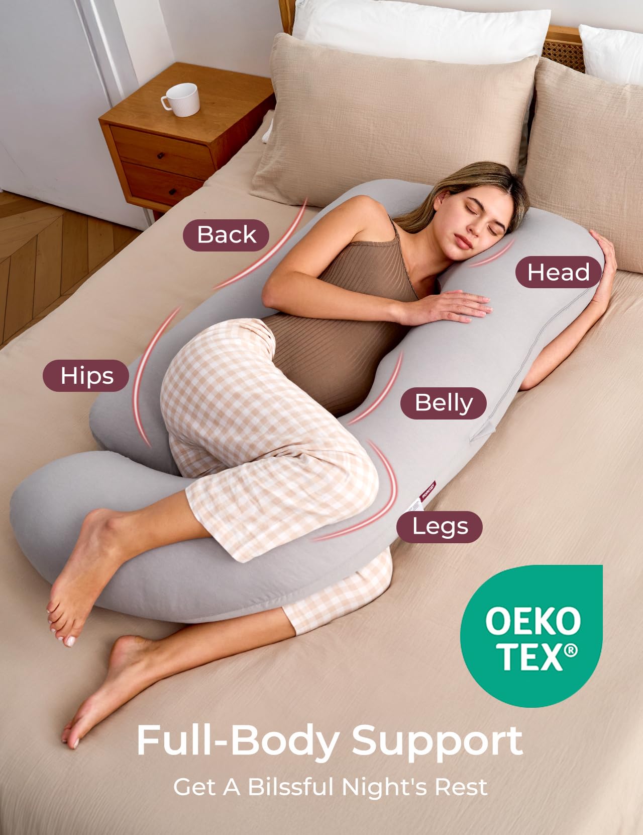 Momcozy Pregnancy Pillows for Sleeping, U Shaped Full Body Pillow for Pregnancy Women with Removable Jersey Cotton Cover, 57 Inch Maternity Pillow, Grey