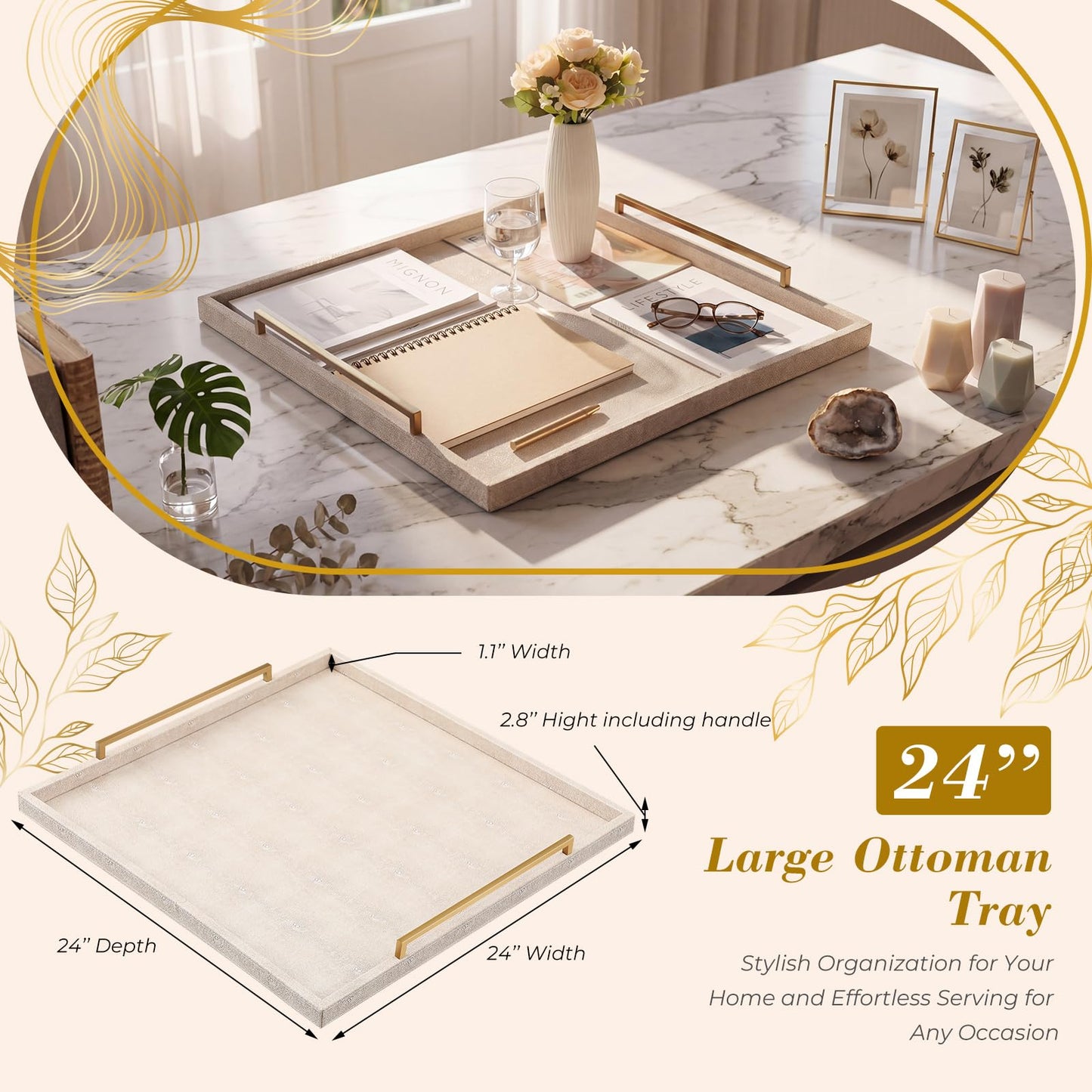 Gerrii 24" x 24" Extra Large Leather Ottoman Tray for Coffee Table, Decorative Square Leather Tray with Gold Handles, Luxury Serving Trays for Living Room Ottoman, Vanity, Home Decor(Beige)
