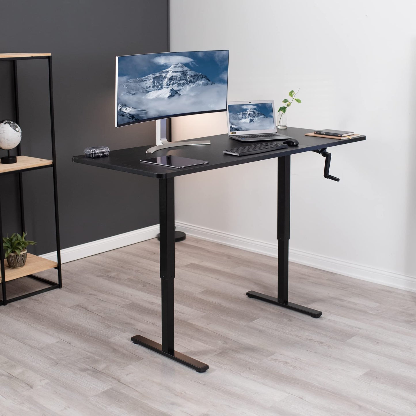 VIVO Manual Height Adjustable 71 x 30 inch Stand Up Desk, Light Wood Table Top, Black Frame, Standing Workstation with Foldable Handle, DESK-KIT-MB7C