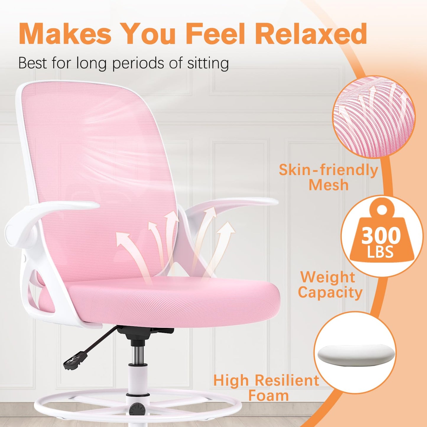 ORRSAKER Drafting Chair, Tall Office Chair with Flip-up Arms, Mesh Ergonomic Computer Standing Desk Chair with Adjustable Height Foot Ring and Lumbar Support, 300 LBS Capacity, Pink
