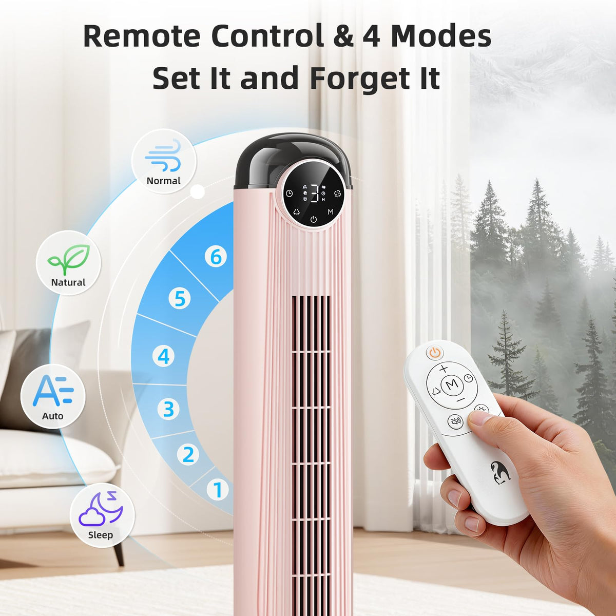Antarctic Star T36 Tower Fan-36 Inch, Bladeless Oscillating Fan with Remote, 6 Speeds & 4 Modes, LED Display, 9H Timer, Quiet Floor Standing Fan for Bedroom Living Room Office, Pink