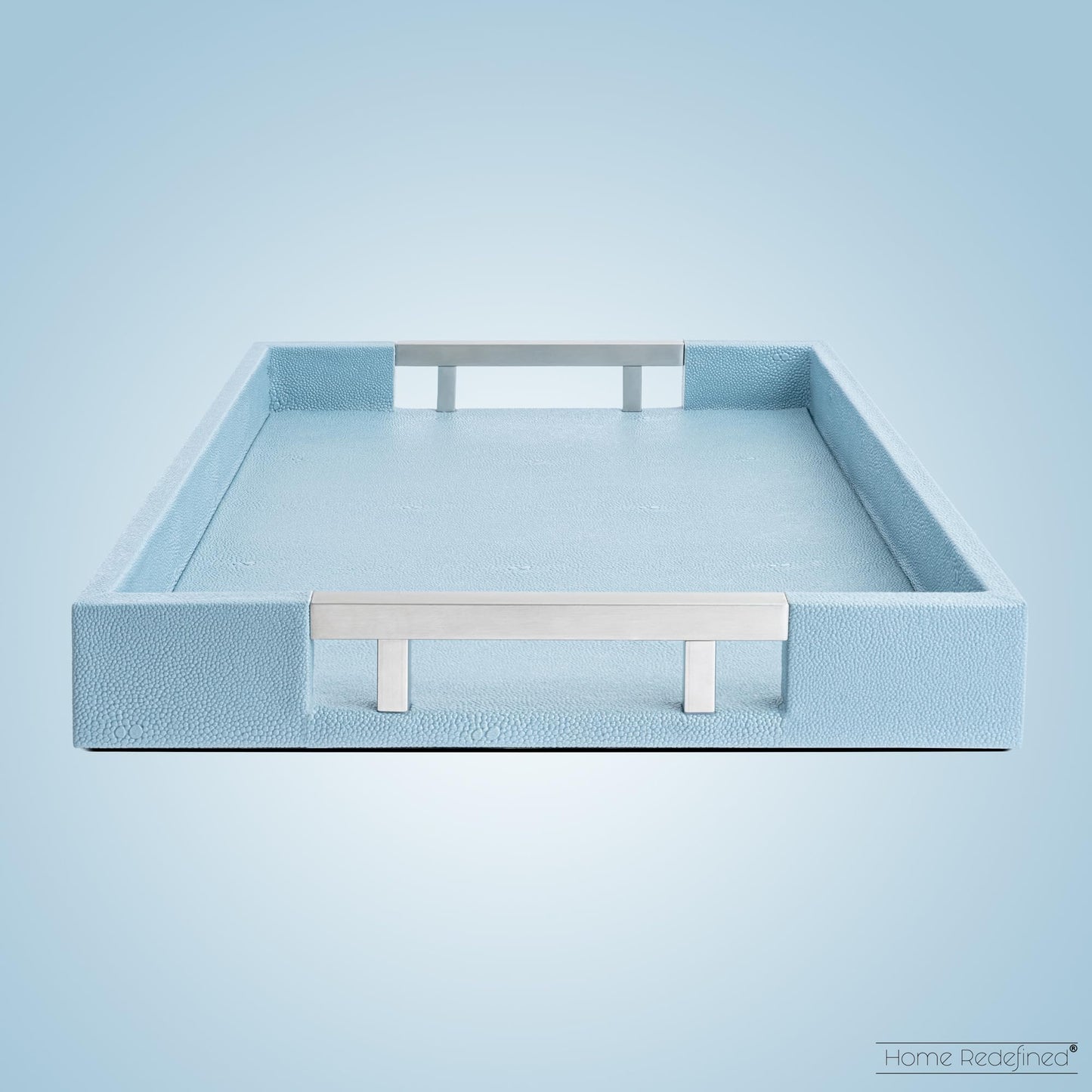 Modern 17.5"x12" Rectangle Baby Light Blue Glossy Shagreen Faux Leather Decorative Tray Ottoman Coffee Table Perfume Living Room Kitchen Serving Tray with Silver Metal Handles by Home Redefined