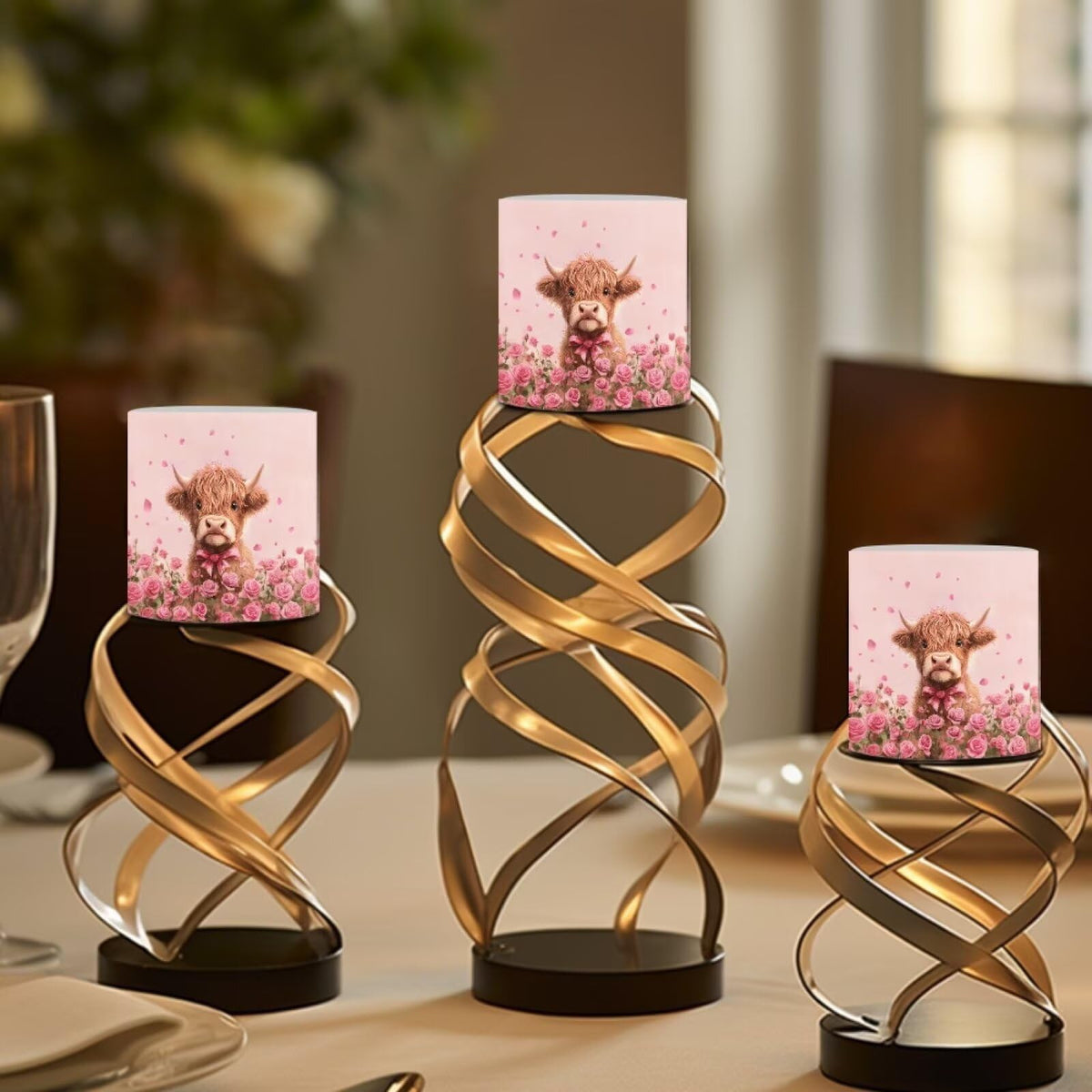 Merkmak Valentines Day Flickering Flameless Candles with Remote and Timer Battery Operated Candles Pink Rose Highland Cattle Print 4Pcs LED Pillar Tea Lights for Home Decor