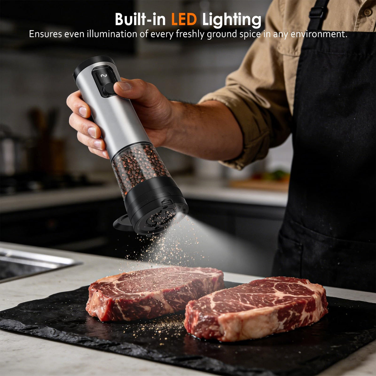 Rechargeable Electric Salt and Pepper Grinder Set with LED Light, 5-Level Adjustable Coarseness, 2-Speed Automatic Mills, 2 x 100ml Large Capacity, Black