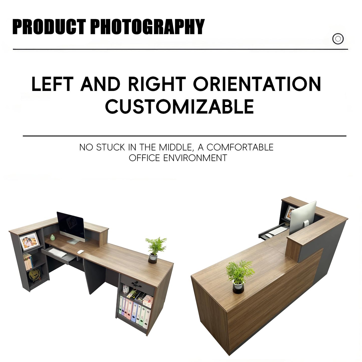 JYUREO L-Shaped Reception Desk with Counter and Lockable Drawers and Storage,Modern Front Desk Reception Counter for Checkout, Lobby, Beauty Salon (R-Walnut & Graphite Finish, 78.74inx39.4inx39.4in)
