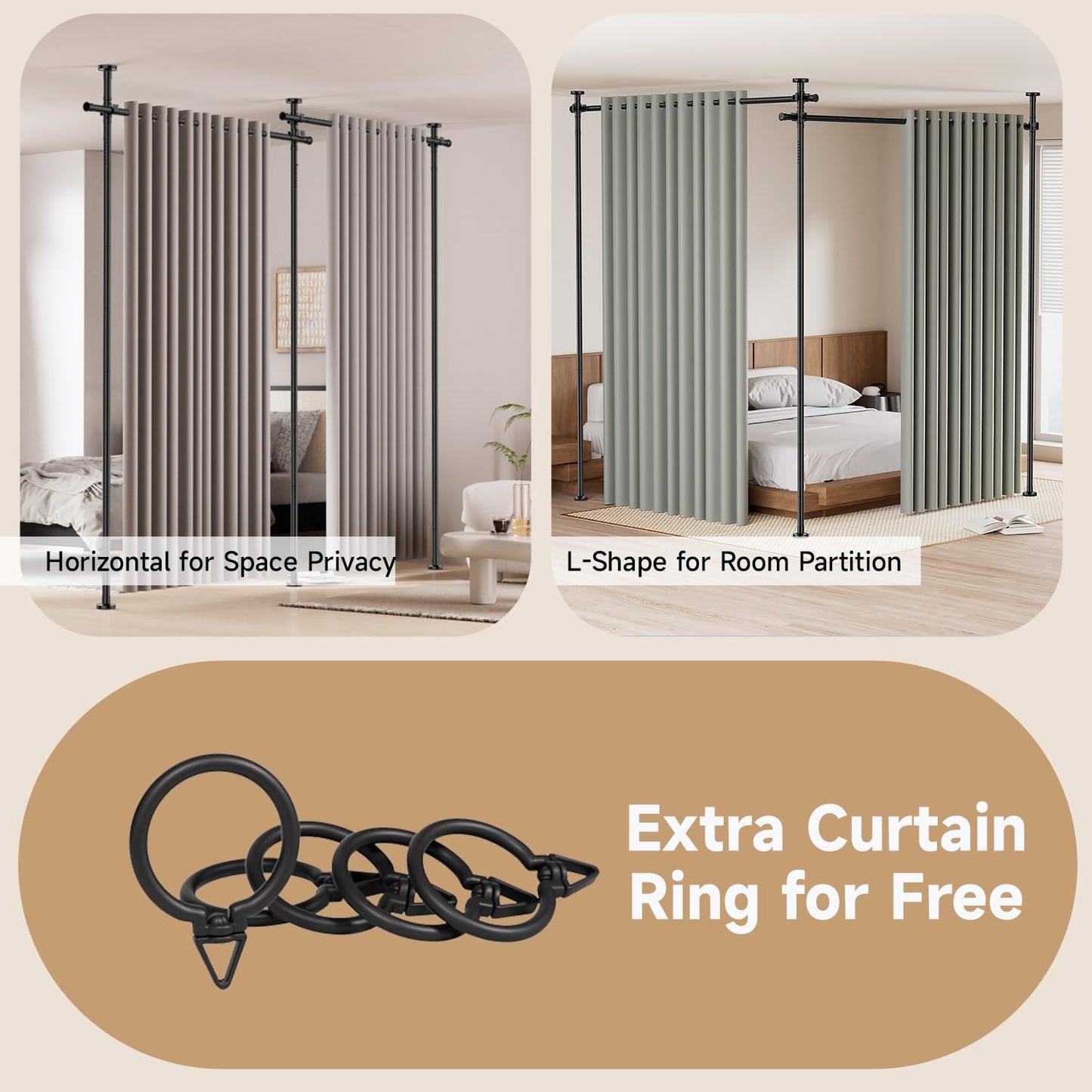Room Divider for Room Separation (43-145in W), Curtain Rods No Drilling for Bedroom, Freestanding Room Divider Panel Tension Rod, Wall Divider Privacy Screen Partition for Space Separator, Drill Free
