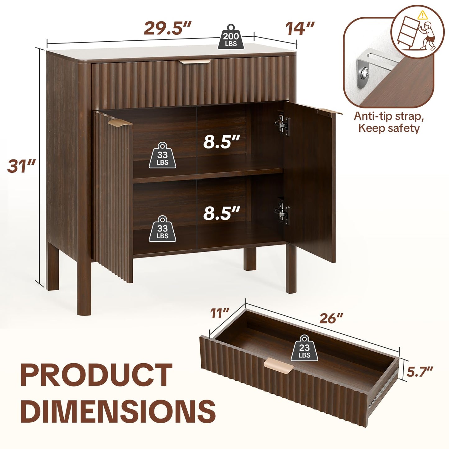 Fluted Buffet Cabinet with Storage - Modern Sideboard Accent Credenza with Doors & Drawer Wood Console Coffee Table Bar Counter for Living Room Kitchen Dining Room Entryway, Easy Assembly 31" Walnut