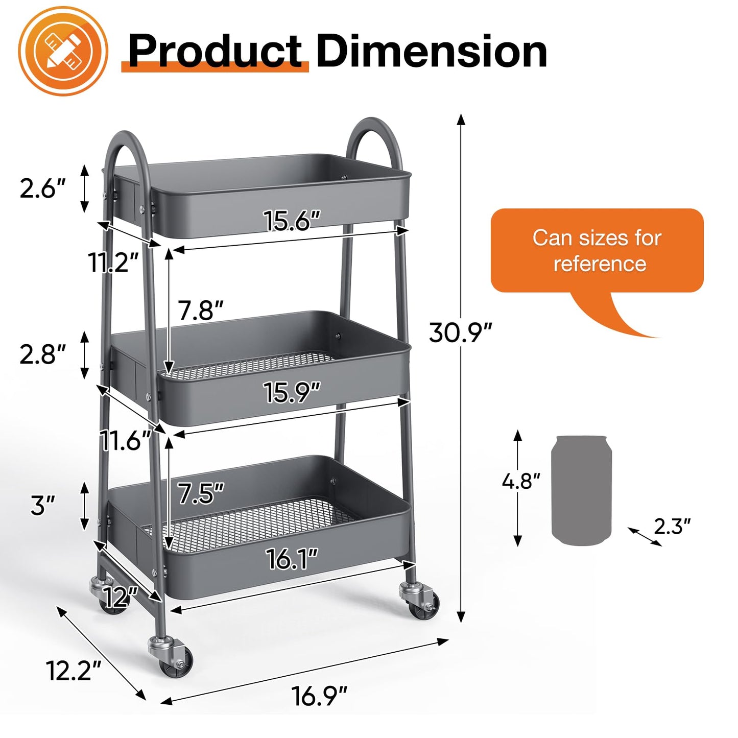 NEWBULIG 3-Tier Metal Rolling Cart with Lockable Wheels, Heavy Duty Mobile Utility Storage Shelf, Roller Book Snack Cart, Organization for Livingroom, Bathroom, Office, Grey
