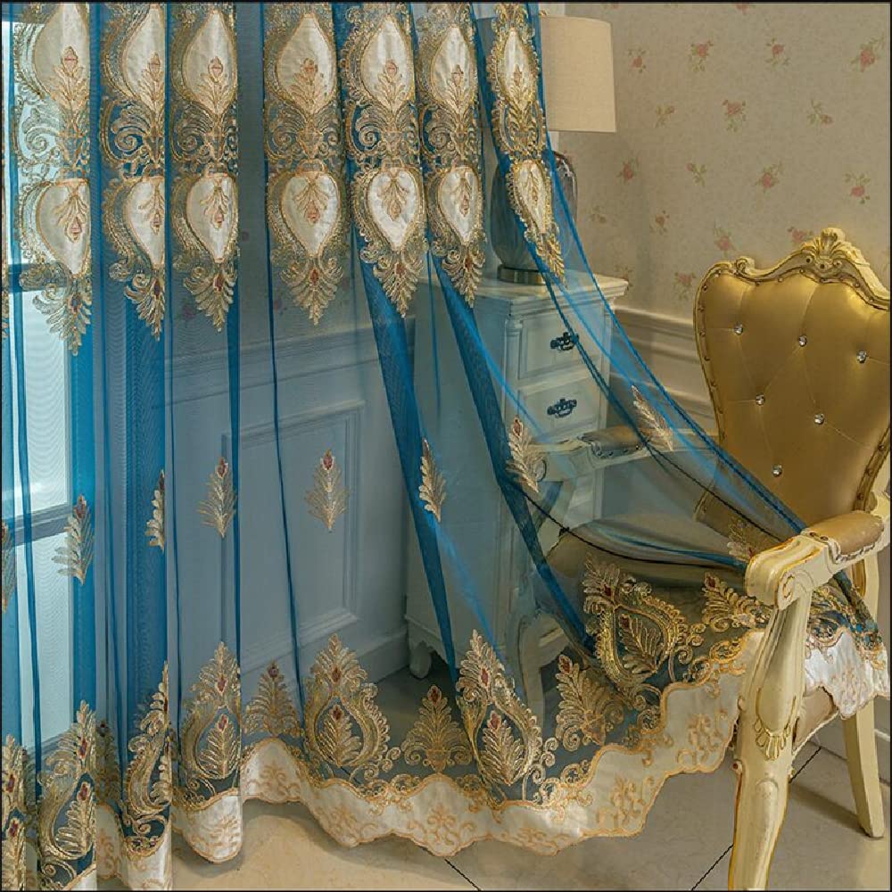 Amidoudou 1 Pair European Jacquard Sheer Curtains Luxury Embroidered Tulle Curtains for Living Room Bedroom (Blue and Gold,51x84 Inch)