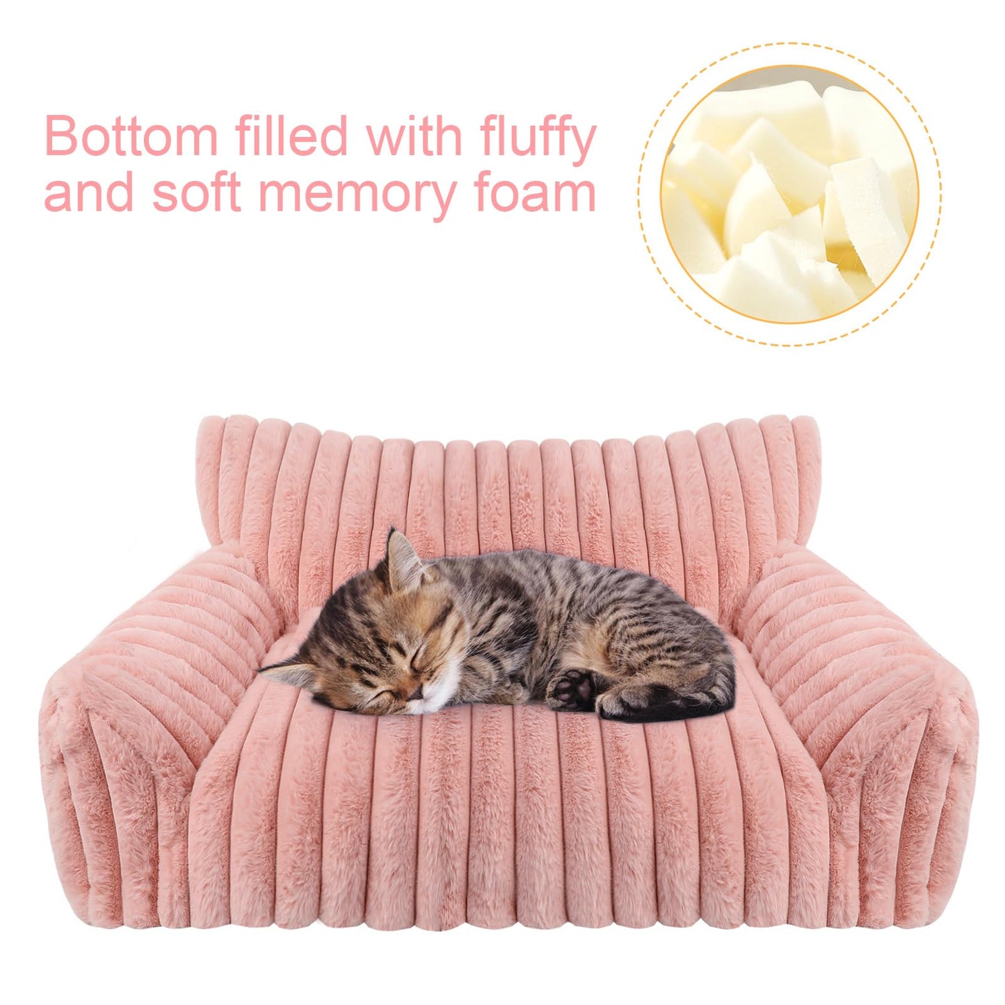 Cute Cat Couch Bed for Indoor Cats, Fluffy Pet Cat Sofa with Premium Soft Corduroy Fleece, Cute Small Dog Beds for Small Dogs, Fuzzy Puppy Chair with Removable Washable Cover (24x18x10,Pink)