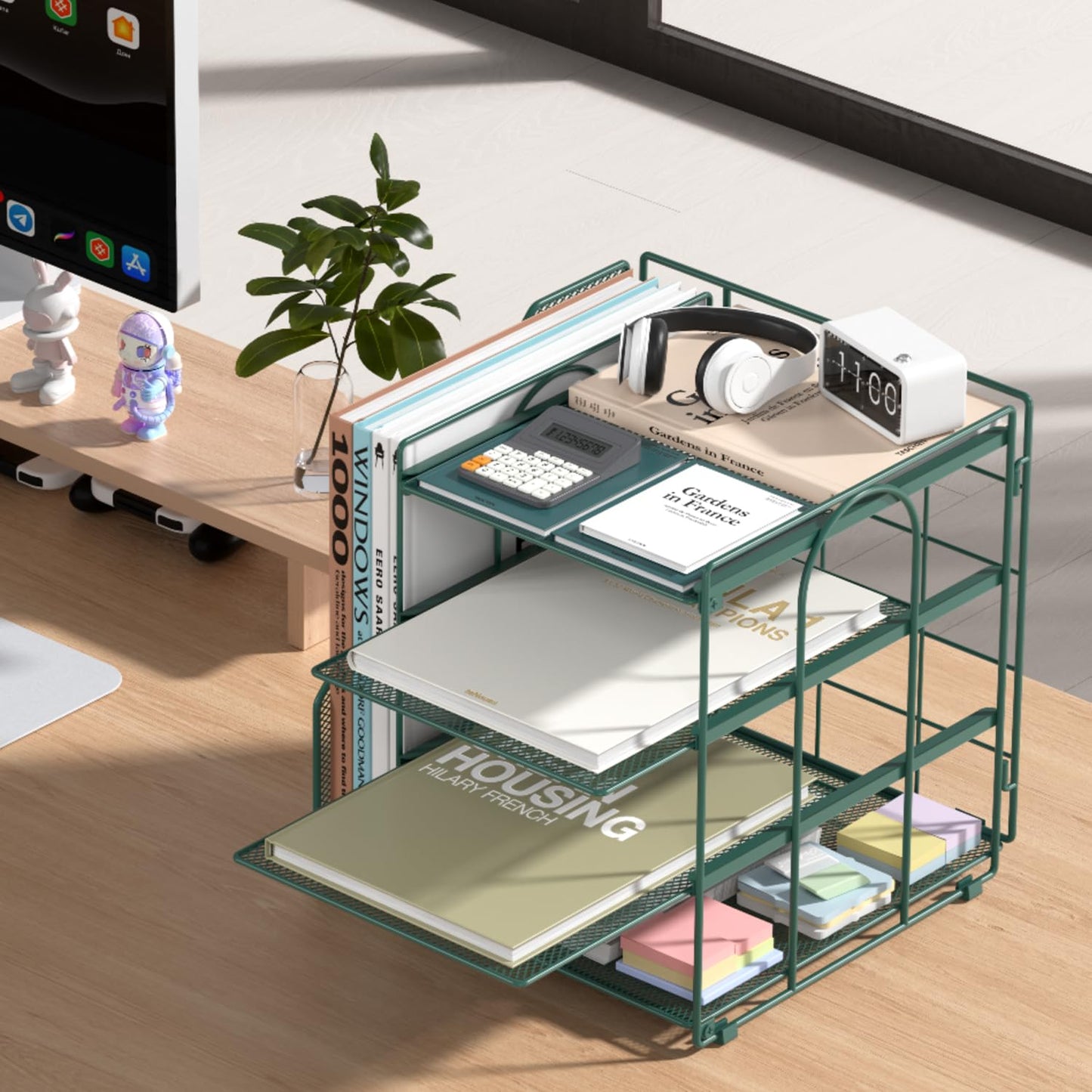 Becomrock Desk File Organizer and Accessories, 4-Tier Paper Organizer with Vertical File Holder, Office Desk Accessories & Workspace Organizers and Storage for Office Supplies (Green)