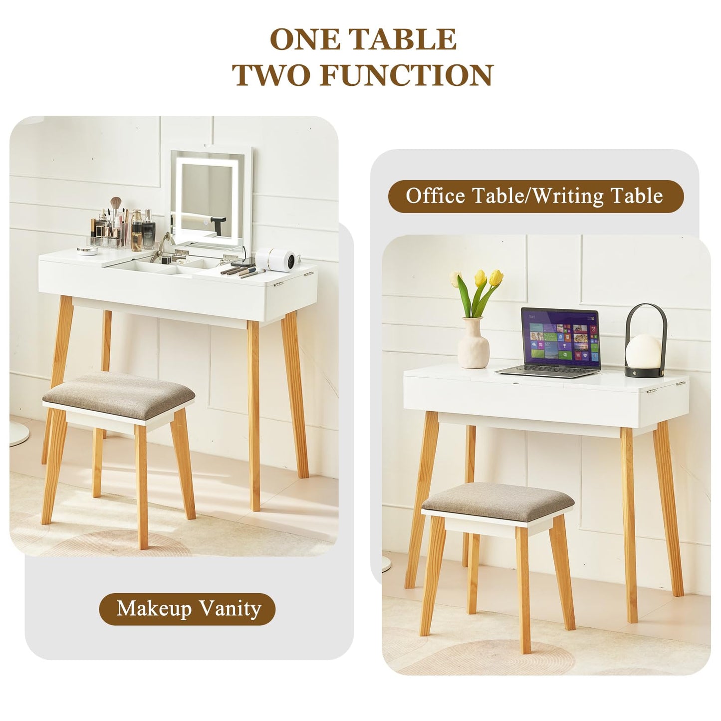 JanflyHome Small Vanity Desk, Flip Top Makeup Vanity, Makeup Vanity Desk with Mirror & LED Light, Power Outlet, Compact Dressing Table with Cushioning Stool, Vanity Desk Set for Kids, White