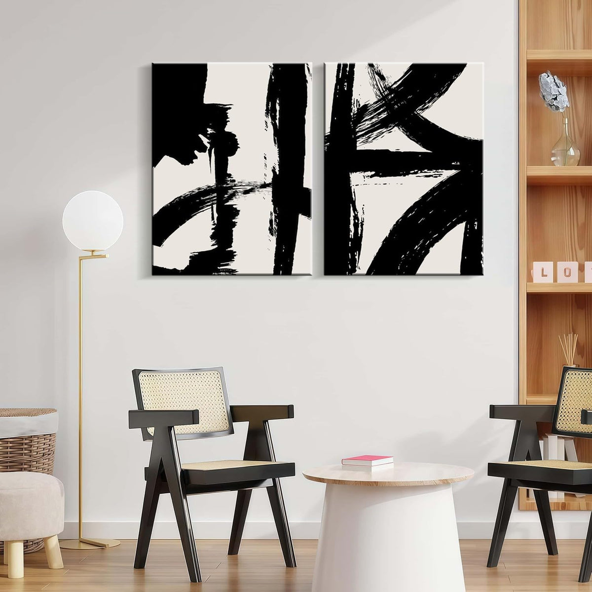 2Pcs Framed Abstract Black and White Canvas Wall Art Minimalist Brushstroke Line Prints Modern Home Gallery Style Painting Posters Picture Bedroom Living Room Office 16x24 Inch Ready to Hang