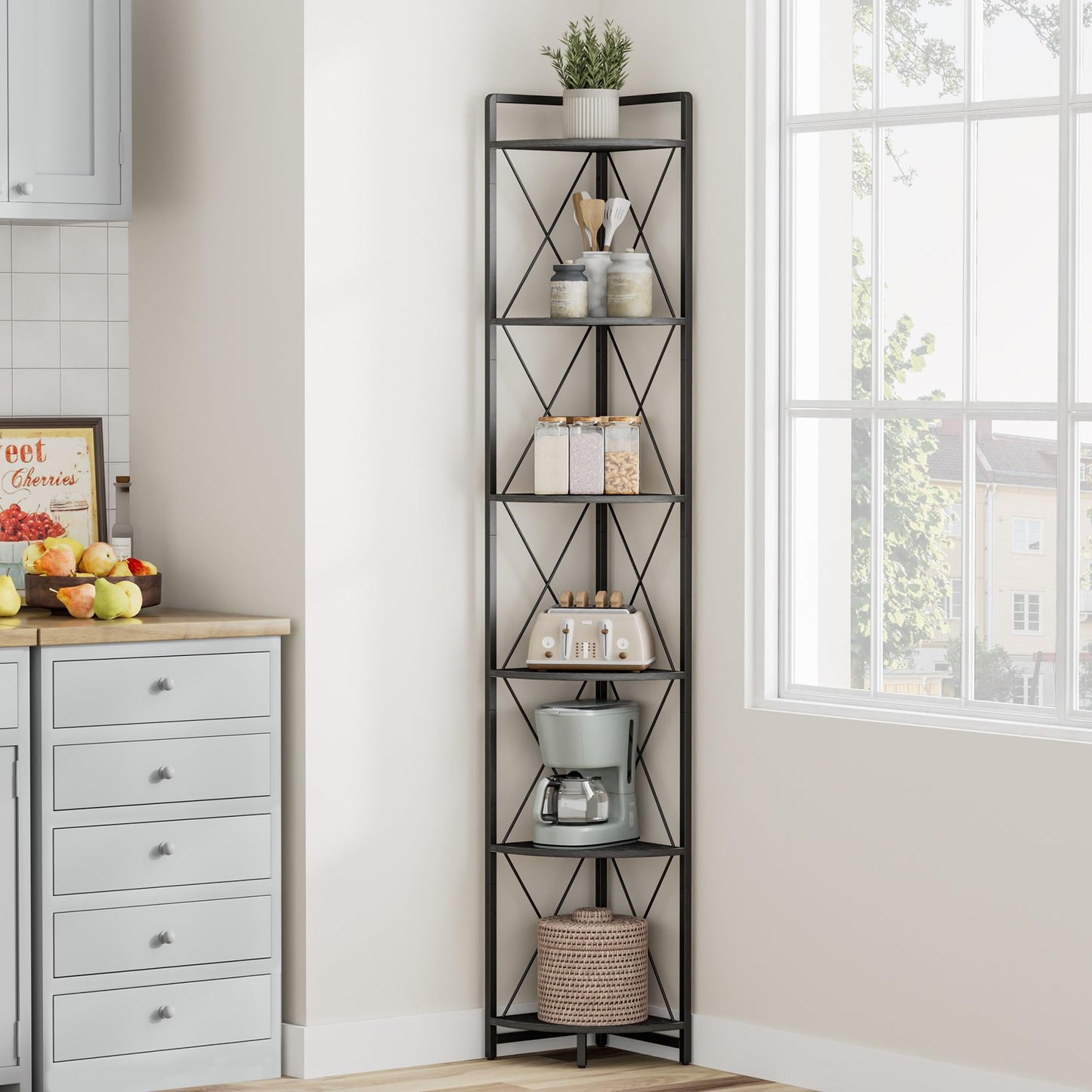 Cerlyunzan 6 Tier Corner Shelf Stand, 78" H Tall Industrial Corner Bookshelf for Living Room Decor, Metal Corner Shelf, Plant Stand Display Shelf for Bedroom, Bathroom, Small Space, Black