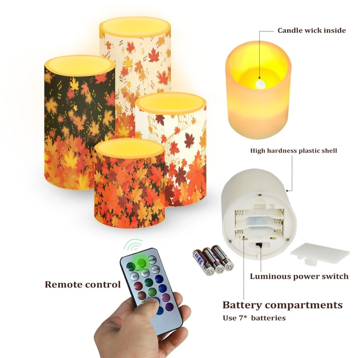 NETILGEN Thanksgiving Day Decor LED Flameless Candles Set Pack of 4 with Remote Control Timer, Dancing Flame Pillar Candles for Indoor Home Decoration Autumn Maple Leaf Print
