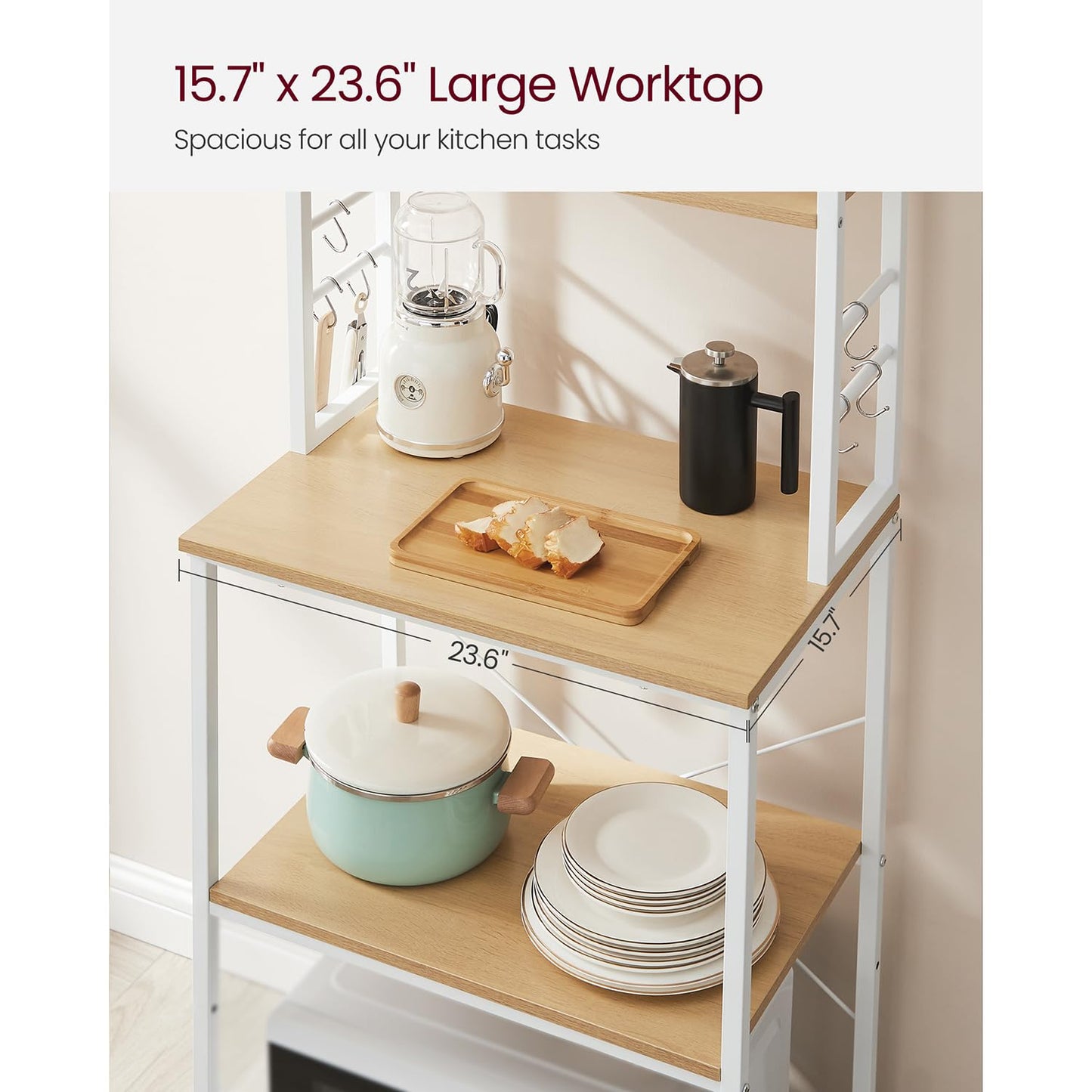 VASAGLE Coffee Bar, 23.6 Inches Baker's Rack for Kitchen with Storage, 6-Tier Kitchen Shelves with 6 Hooks, Microwave Stand, Modern, Golden Oak and Cloud White UKKS024W09