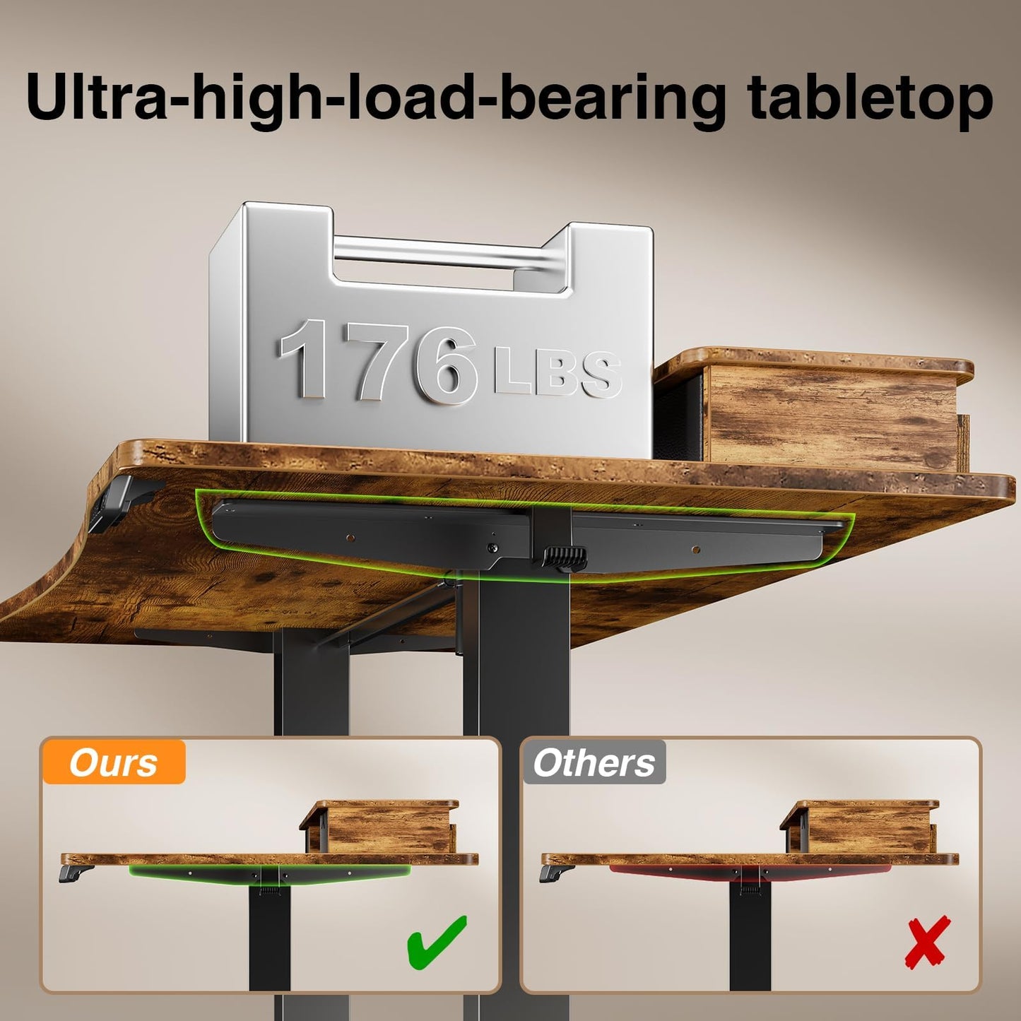Veken 47.2"×27.6" Standing Desk with Storage Drawers, Adjustable Height Computer Table with Monitor Shelf, Home Office Desk for Study, Gaming, Workstation, Brown