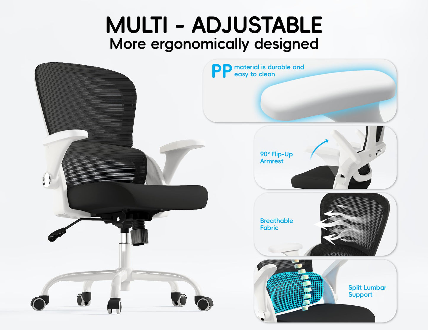TRALT Office Chair - Ergonomic Office Chair with Back Support, Home Office Desk Chairs, 330lbs Wide Seat Big and Tall Office Chairs, Comfy Desk Chair for Work, Study, Office, Gaming (White Black)