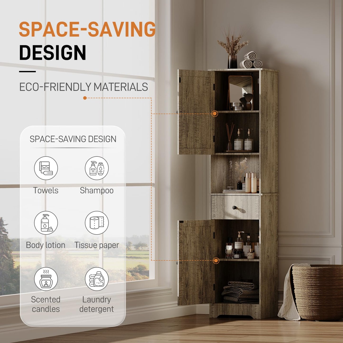 Viaozutis Tall Bathroom Cabinet, Storage Cabinet with 2 Doors & 2Drawer, with Ajustable Shelve, for Bathrooms, Kitchens,Entrances（Grey）