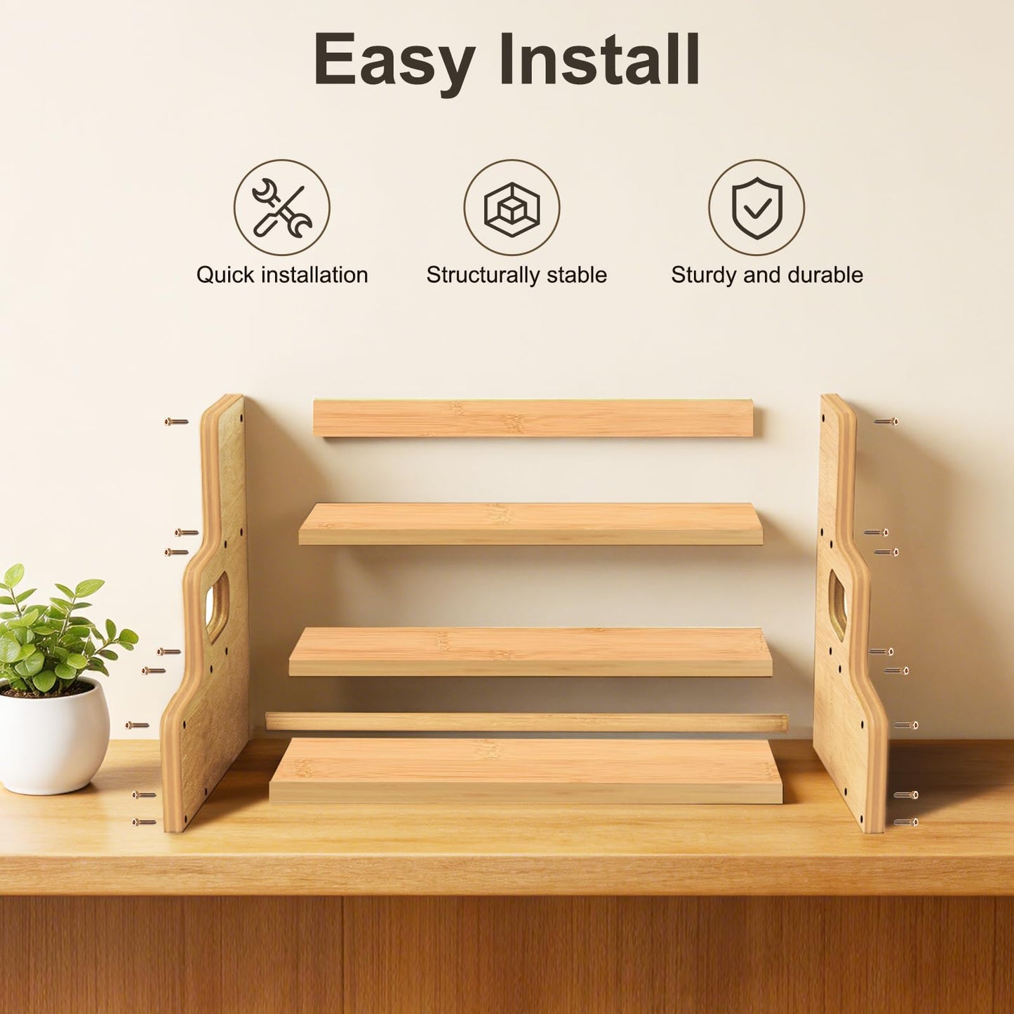 Aiowhy Bamboo Liquor Bottle Display Shelf, 3 Step Countertop Wine Rack, Bar Bottle Stand with Handles & Guardrail, Retro Mini Display Rack for Syrup, Wine, Dressing, Home Kitchen Cafe, Natural