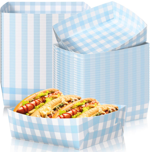 Suclain 48 Pack Light Blue and White Gingham Paper Trays 5 lb Grease Resistant Large Snack Serving Trays Disposable Food Boats for Christmas Party Baby Shower Supplies
