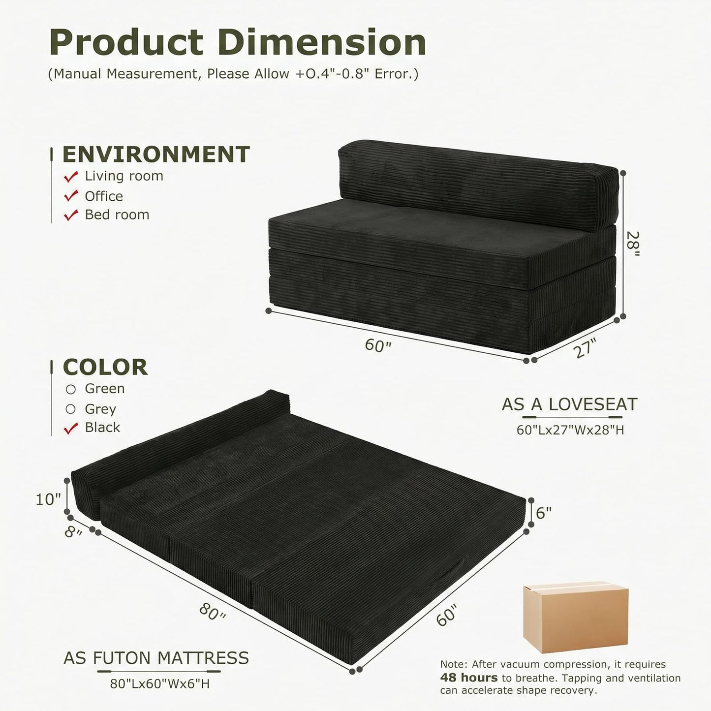NLDD 5-in-1 Convertible Sofa Bed, Boneless Couch Loveseat with Removable Cushions & Washable Cover, Futon Sofa Bed with Handle, Pull Out Couch for Small Spaces, Queen Size, Black