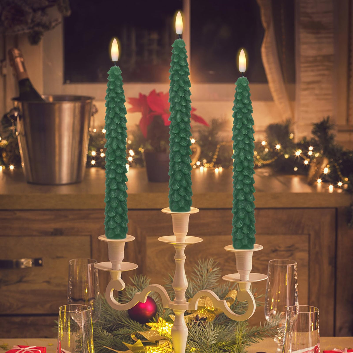 DRomance Christmas Tree Flameless Taper Candles Battery Operated with 10-Key Remote and Cycle Timer 4 Pack Real Wax 3D Wick Flickering LED Candlesticks Holiday Decor(Green, 0.79 x 9.9 Inch)