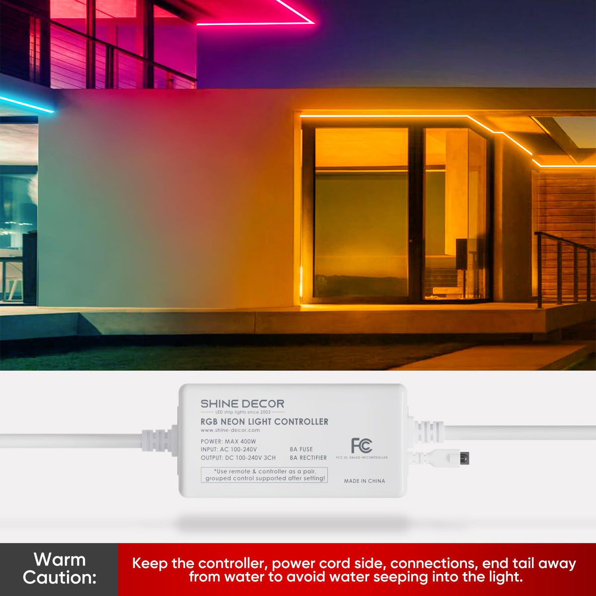 Shine Decor Controller with Remote, Power Supply for 10mm W x 20mm H LED RGB Neon Rope Lights Only