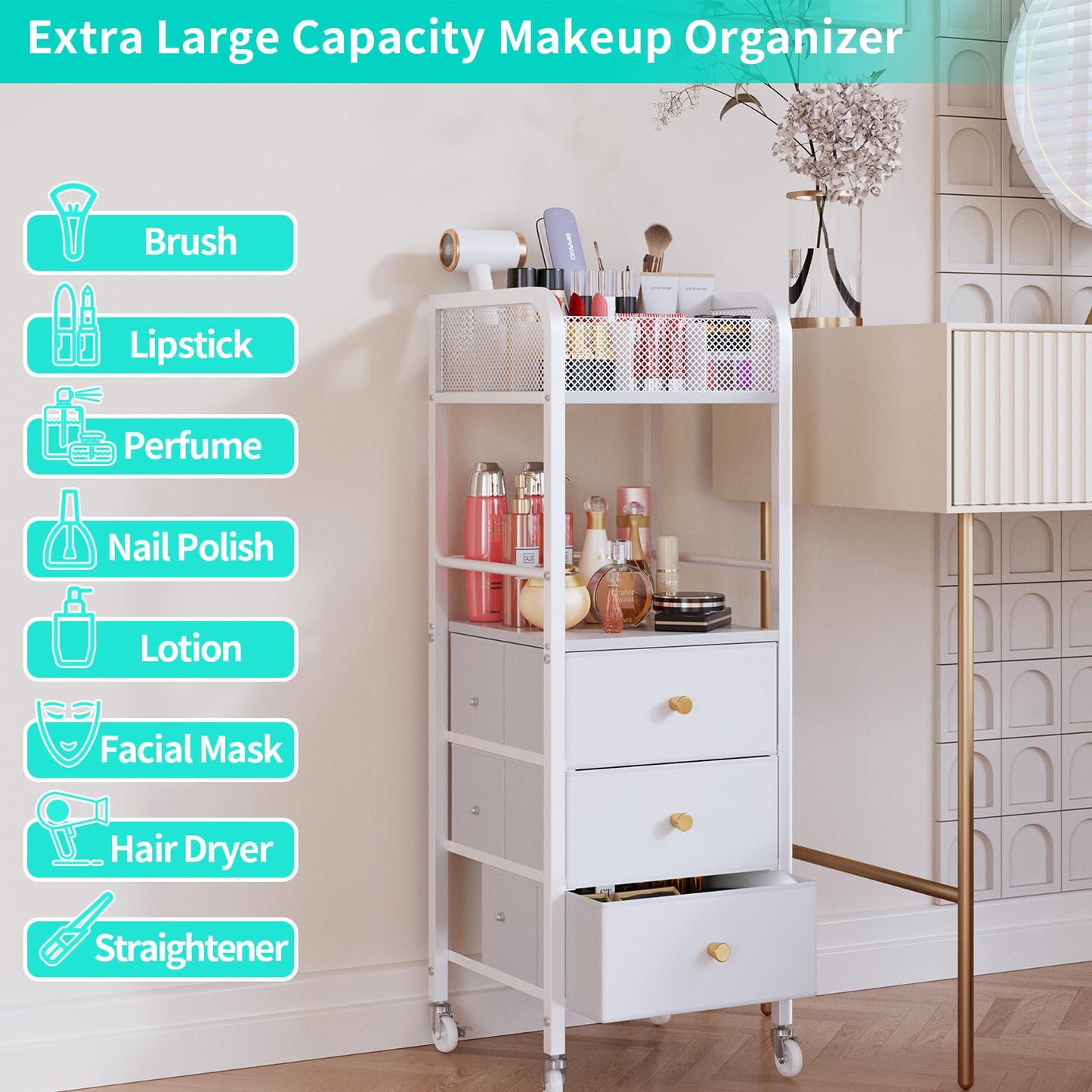 HapiRm Rolling Makeup Cart Organizer - Floor Skincare Make Up Storage with 3 Non-woven Fabric Drawers, Vanity Organizer Cosmetic Display Cases Holder for Skin Care Perfume Nail Polish Brush Hair Tool
