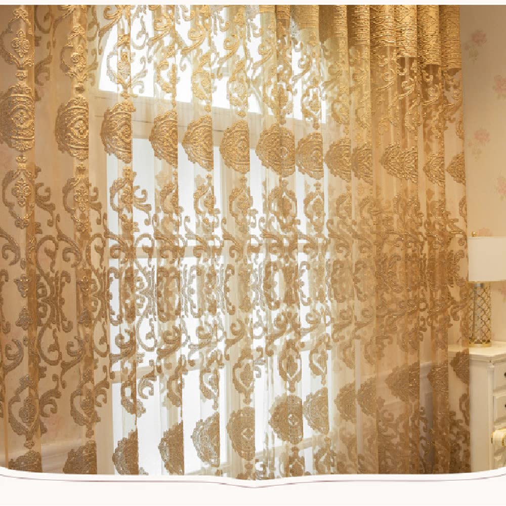 Amidoudou 1 Pair Luxury European Sheer Curtains Hollow Embroidered Tulle Curtains for Bedroom Living Room (Gold,54x96 Inch)