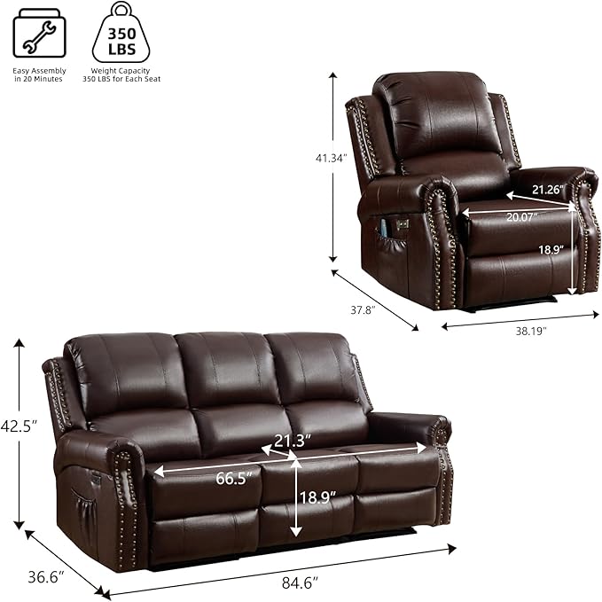 EBELLO Faux Leather Power Living Room Furniture Set, Included 2 Reclining 1