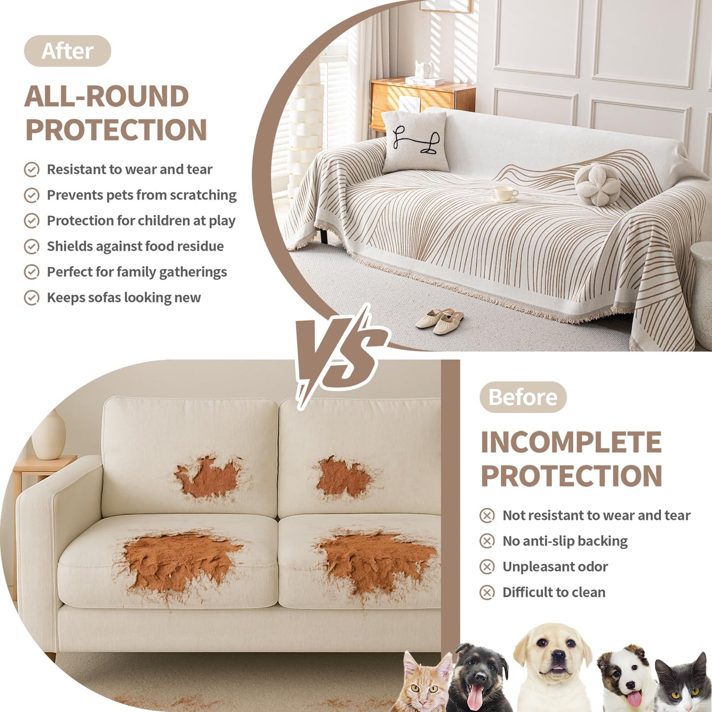 KaviKon Boho Chenille Couch Cover for Dogs, Non Slip Sofa Cover, Couch Slipcover Covers for 3 Cushion, Furniture Protector with Tassels for Pets Washable, 71"x118", Curved Lines Beige