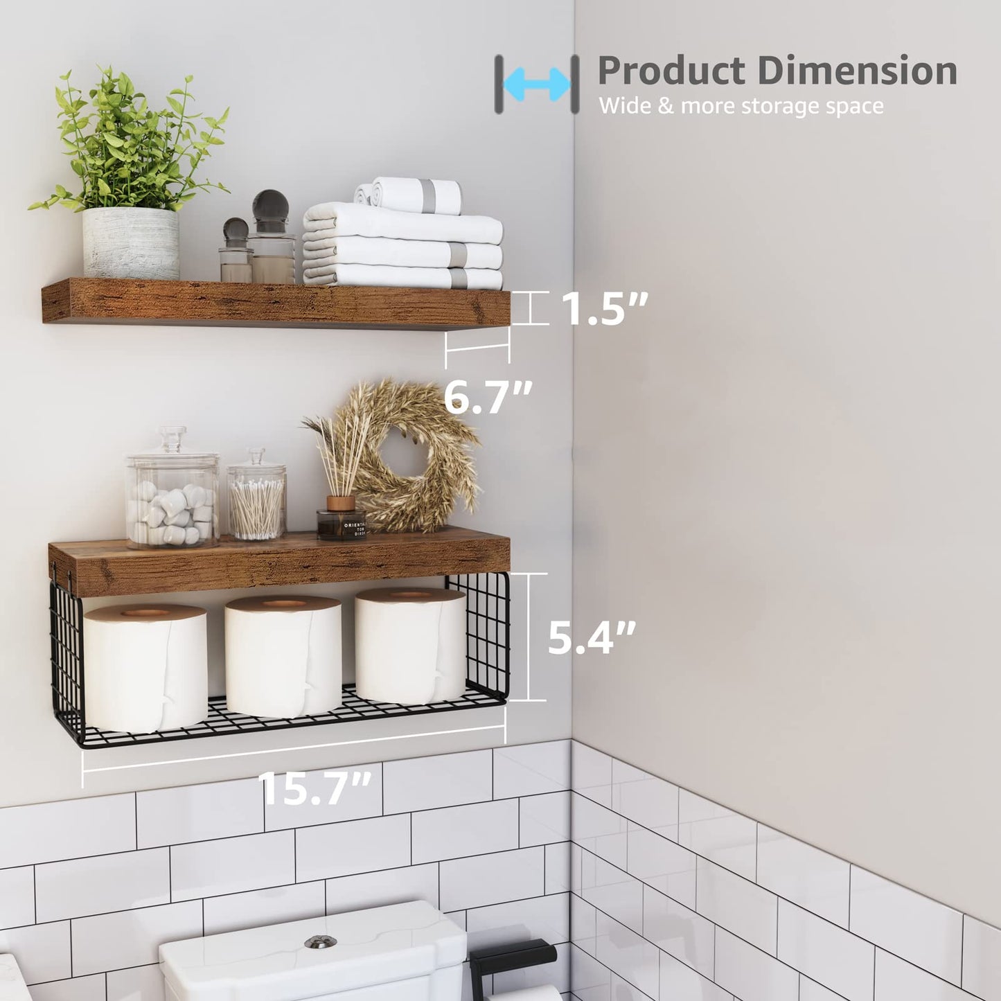 QEEIG Bathroom Shelves Over Toilet - Wall Mounted Floating Shelves Toilet Paper Storage Small Farmhouse Decor Shelf 16 inch Set of 2, Rustic Brown (019-BN2)